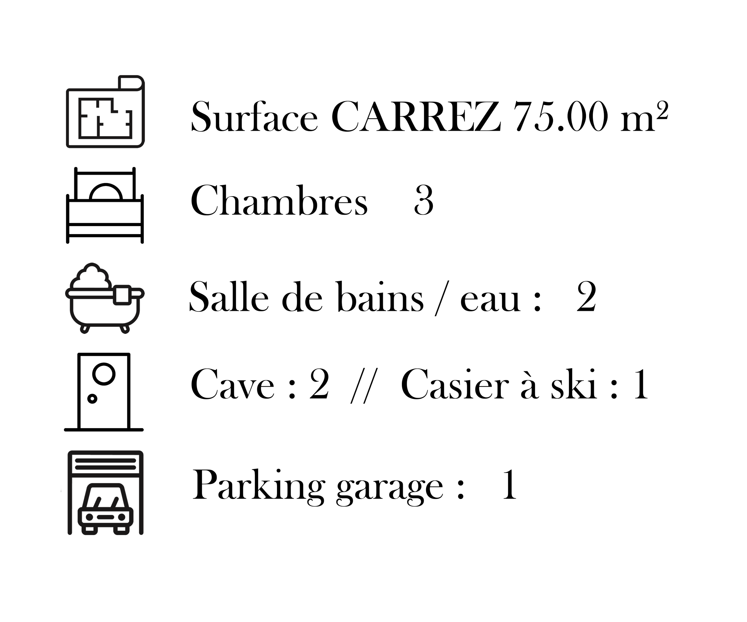 Icône de présentation détaillant le nombre de chambres, le nombre de salles de bain et la surface loi Carrez de cet appartement à vendre aux Les Menuires, proposé par l’agence immobilière indépendante HOME SUMMIT.