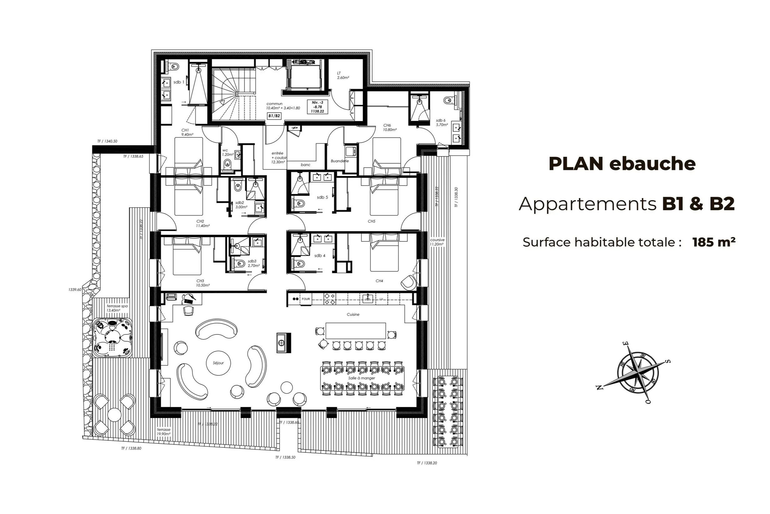 Plan d’aménagement des appartements B1 et B2 à Saint-Martin-de-Belleville, surface habitable totale indiquée de 185 m² – HOME SUMMIT