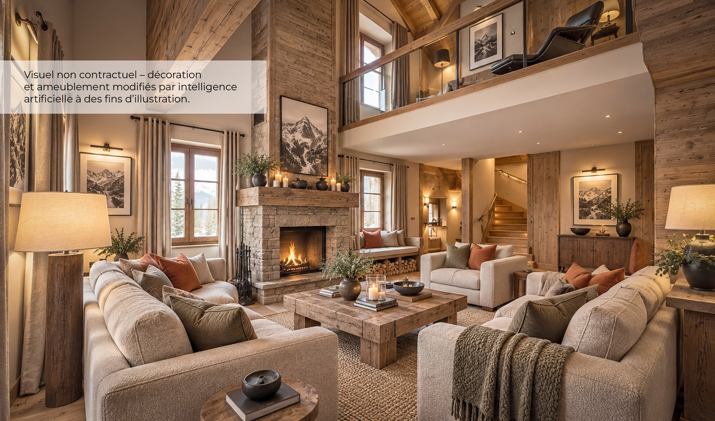 Grand séjour cathédrale d’un chalet à vendre près de Saint-Martin-de-Belleville, avec cheminée en pierre, mezzanine et décoration alpine contemporaine.