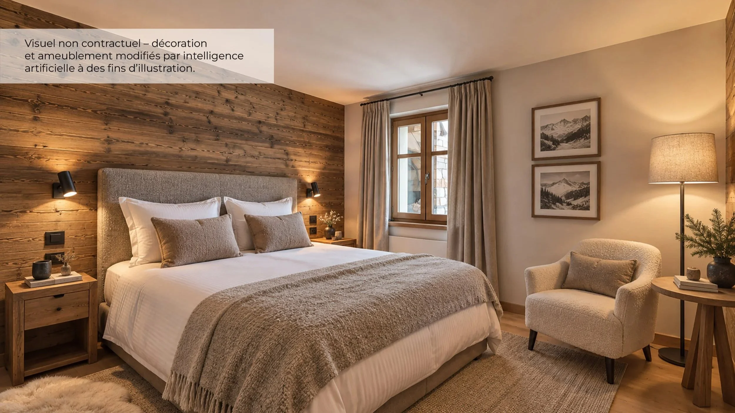 Chambre du chalet aux Granges à vendre près de Saint-Martin-de-Belleville, visuel d’aménagement modifié par intelligence artificielle