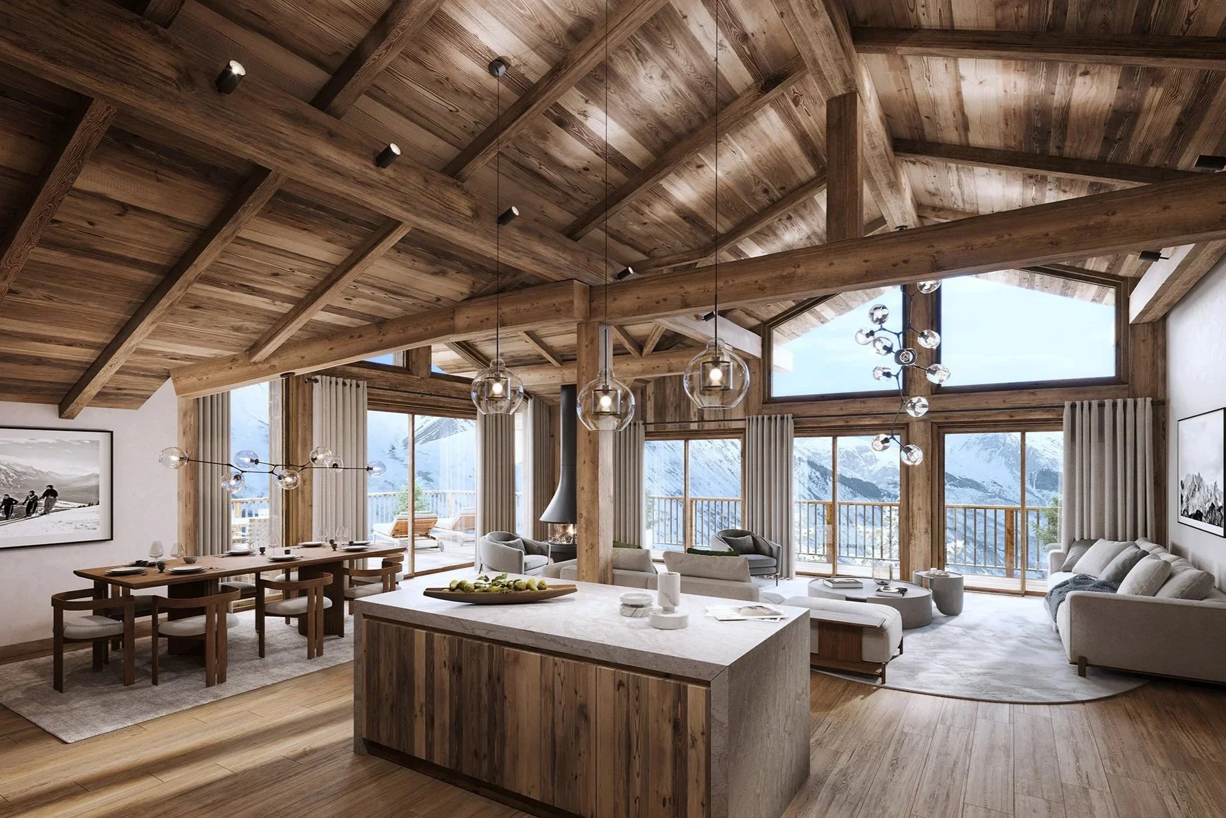 Pièce de vie lumineuse avec cuisine centrale, salon et vue montagne dans un chalet de prestige à vendre à Saint-Martin-de-Belleville – HOME SUMMIT