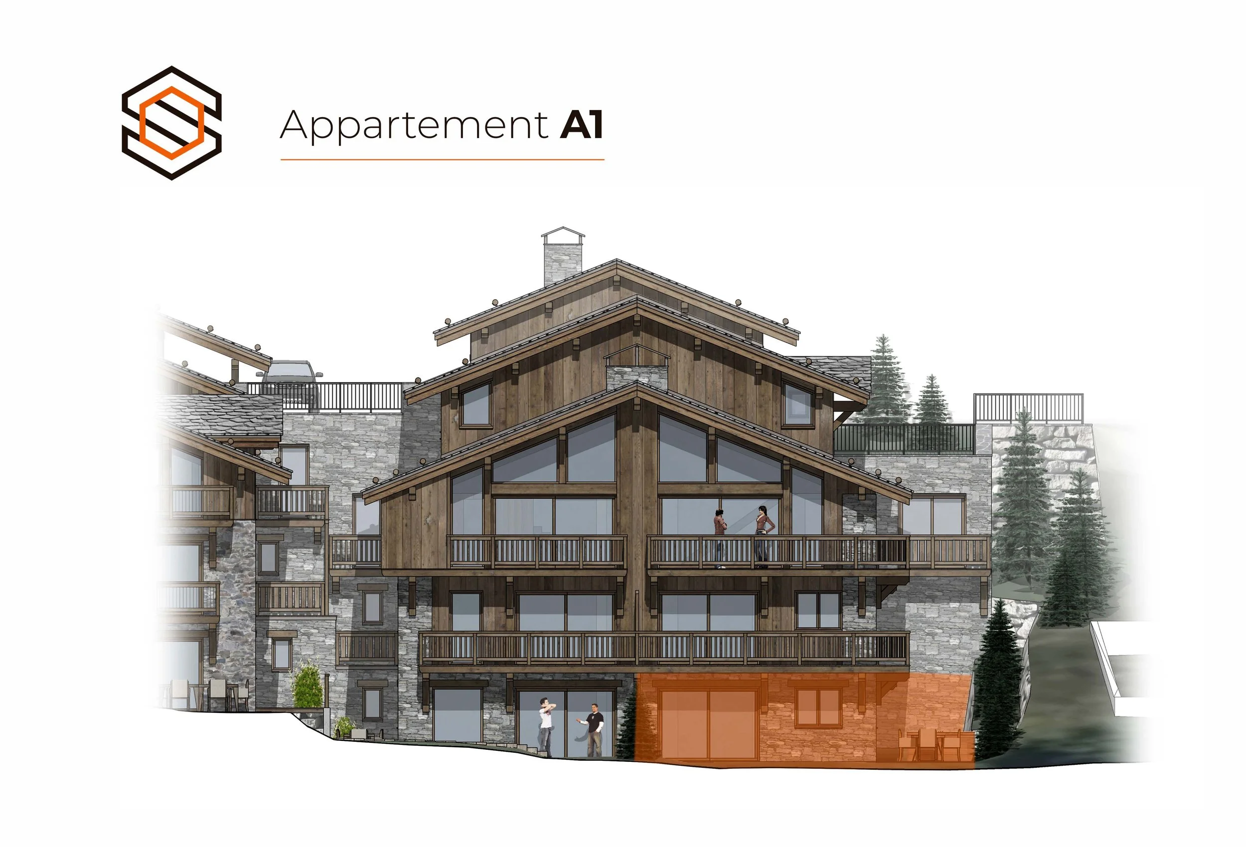 Plan de l'appartement A6 à vendre à Saint-Martin-de-Belleville, résidence haut de gamme commercialisée par HOME SUMMIT, comprenant plusieurs chambres, terrasse et espaces de vie généreux au cœur des 3 Vallées.