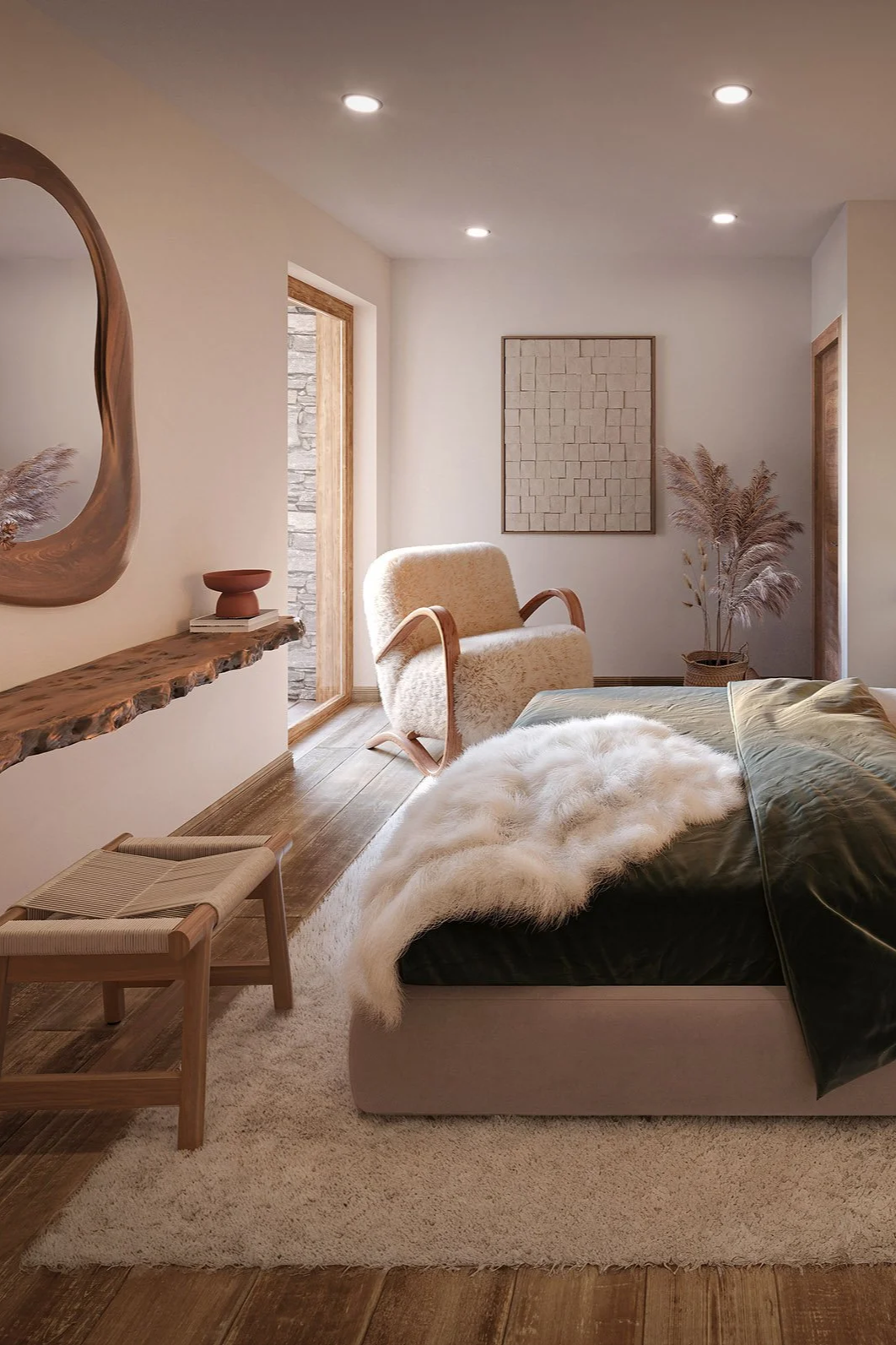 Chambre contemporaine avec décoration raffinée dans une résidence de standing proche des pistes de ski des 3 Vallées, proposée par HOME SUMMIT.