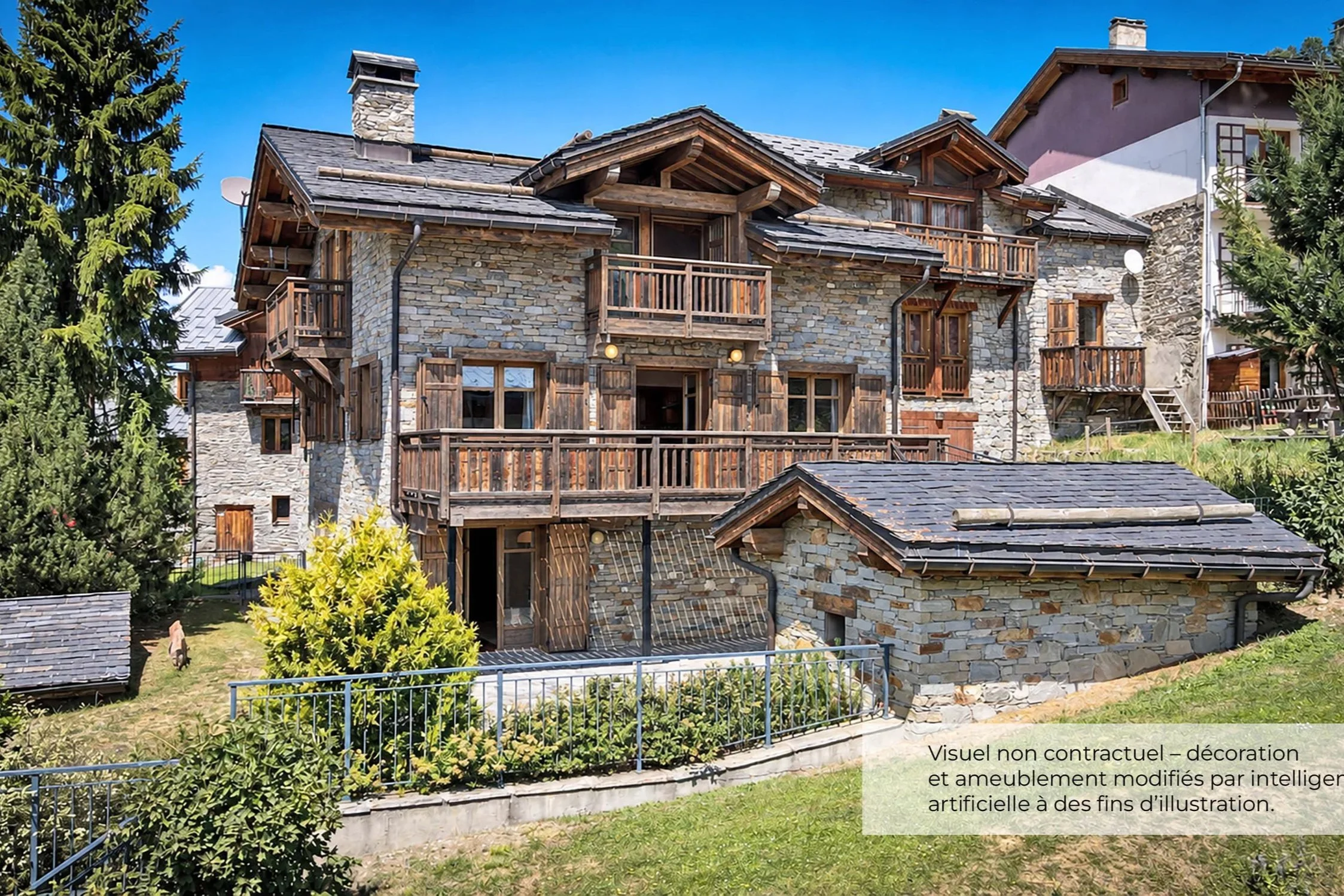 Chalet en pierre et bois à vendre près de Saint-Martin-de-Belleville, avec balcons en bois patiné et architecture alpine traditionnelle.