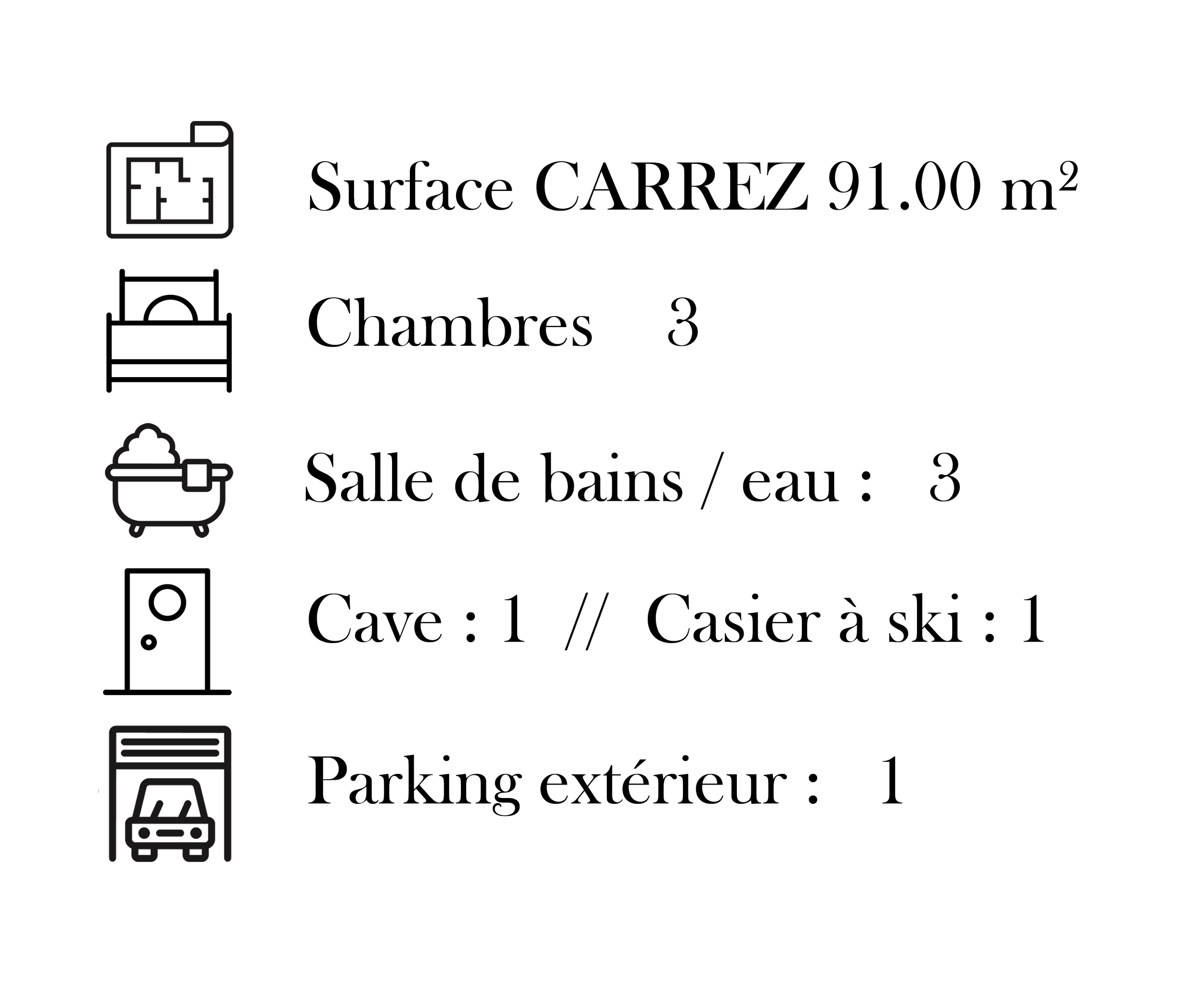 Caractéristiques de cet appartement à vendre sur le domaine skiable des 3 Vallées : surface, nombre de chambres, salle de bain, cave, casier à ski et stationnement extérieur. Proposé par l’agence immobilière indépendante HOME SUMMIT.