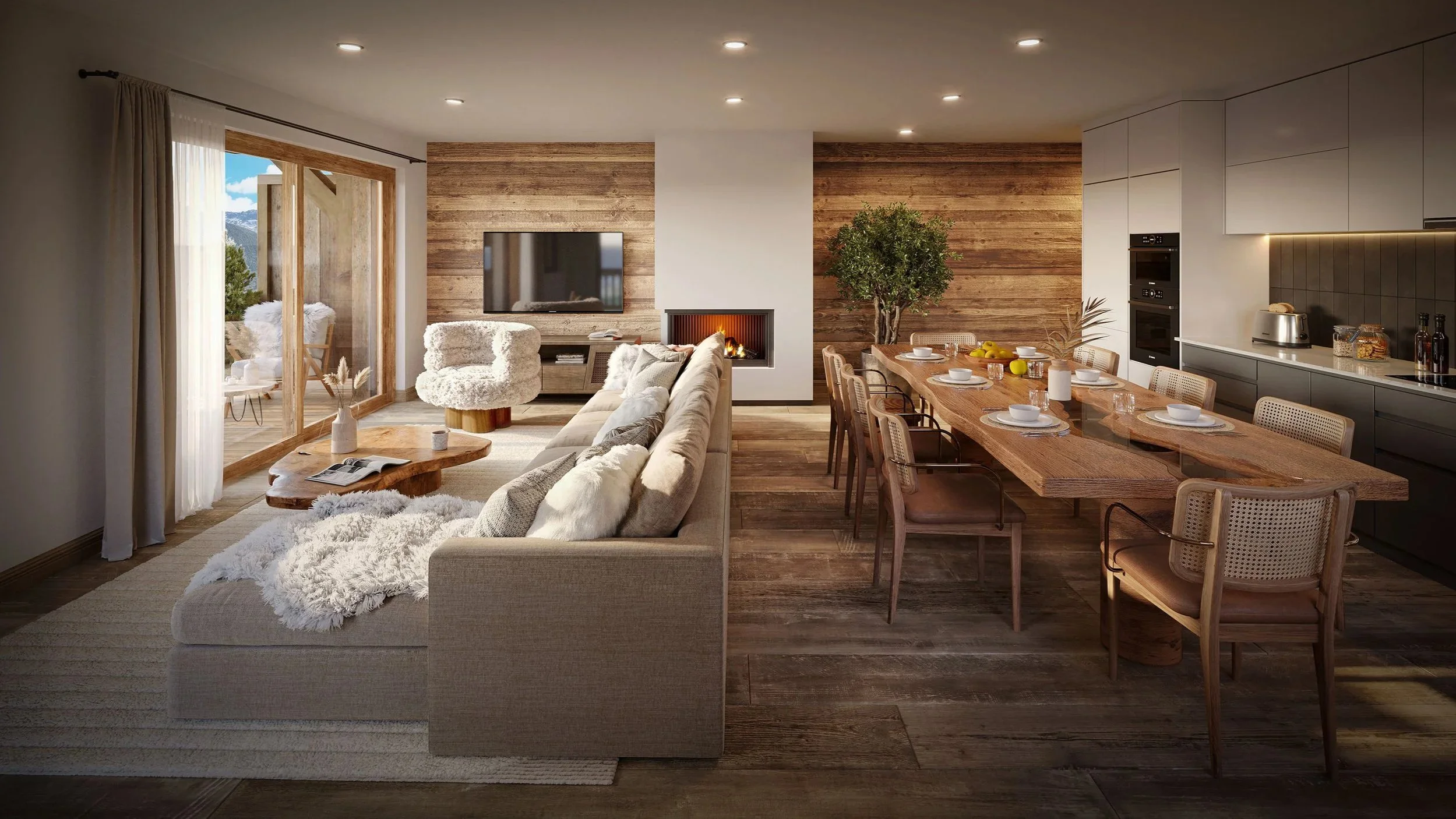Projection d’aménagement du séjour avec cuisine ouverte d’un appartement de 200 m² à vendre à Saint-Martin-de-Belleville