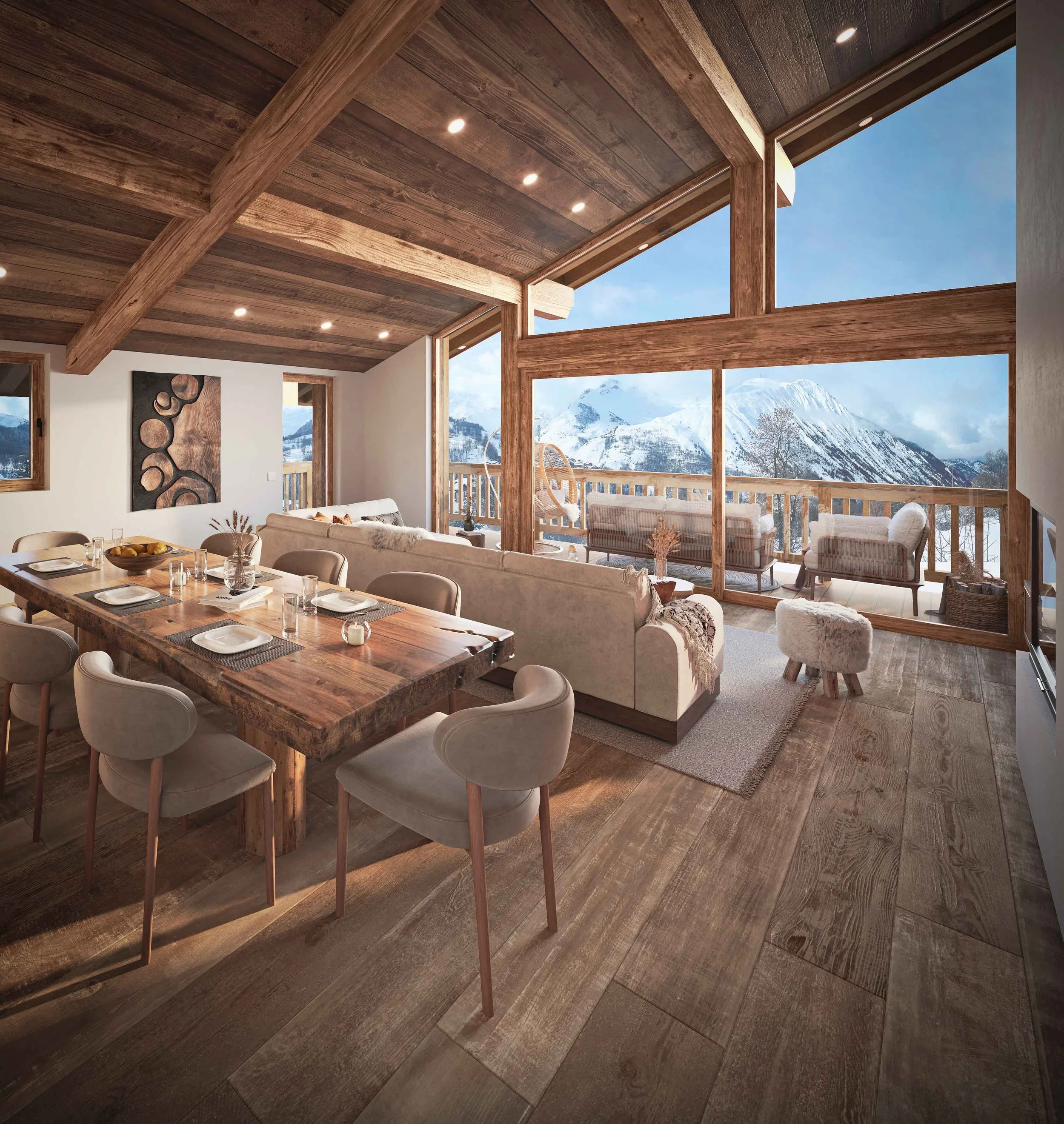 Appartement de prestige à vendre à Saint-Martin-de-Belleville avec salon cathédrale, terrasse panoramique et vue exceptionnelle sur les Alpes, au cœur des 3 Vallées, proposé par HOME SUMMIT.