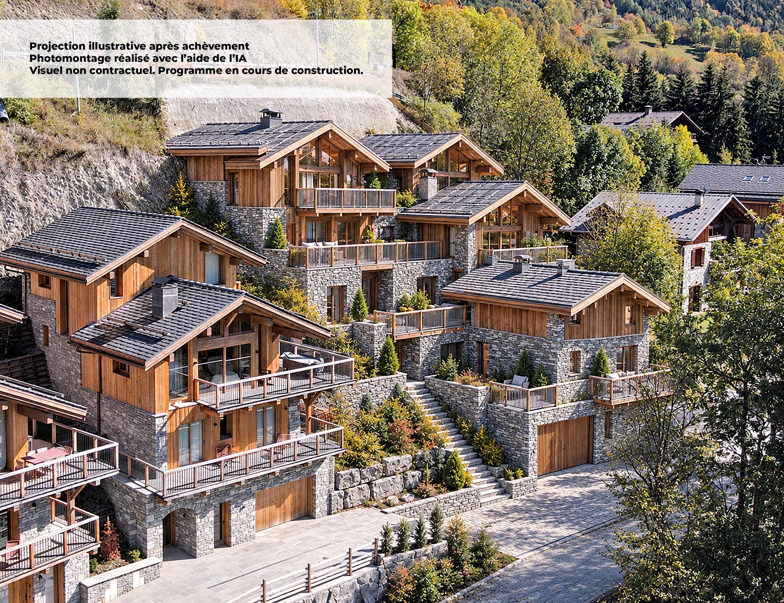Projection illustrative de chalets de prestige en pierre et bois avec terrasses et balcons, dans un village savoyard à proximité de Saint-Martin-de-Belleville, au cœur des 3 Vallées.