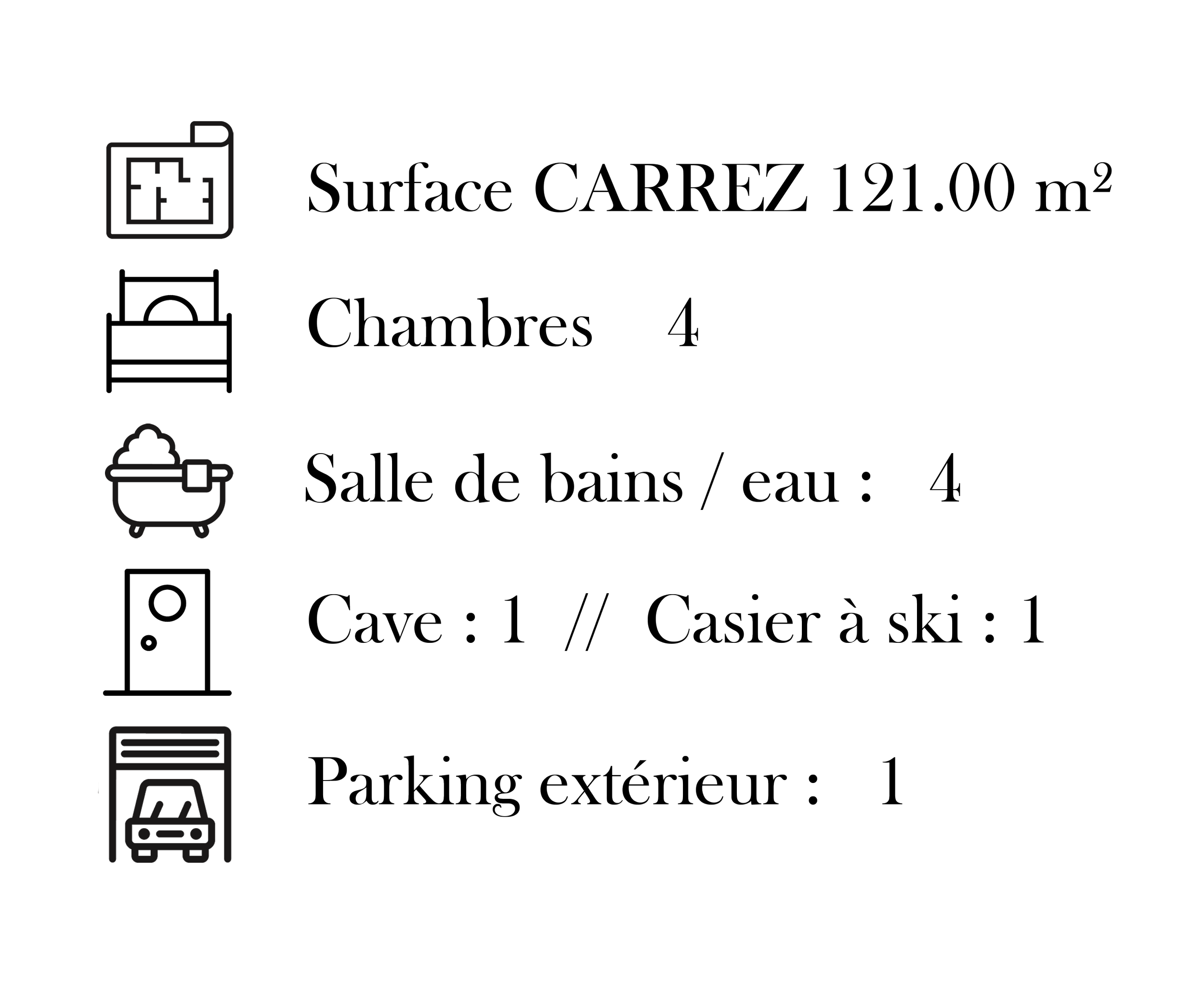 Présentation de cet appartement à vendre aux Les Menuires, avec icônes indiquant le nombre de chambres, de salles de bain et la surface loi Carrez. Une transaction gérée par l’agence immobilière indépendante HOME SUMMIT.