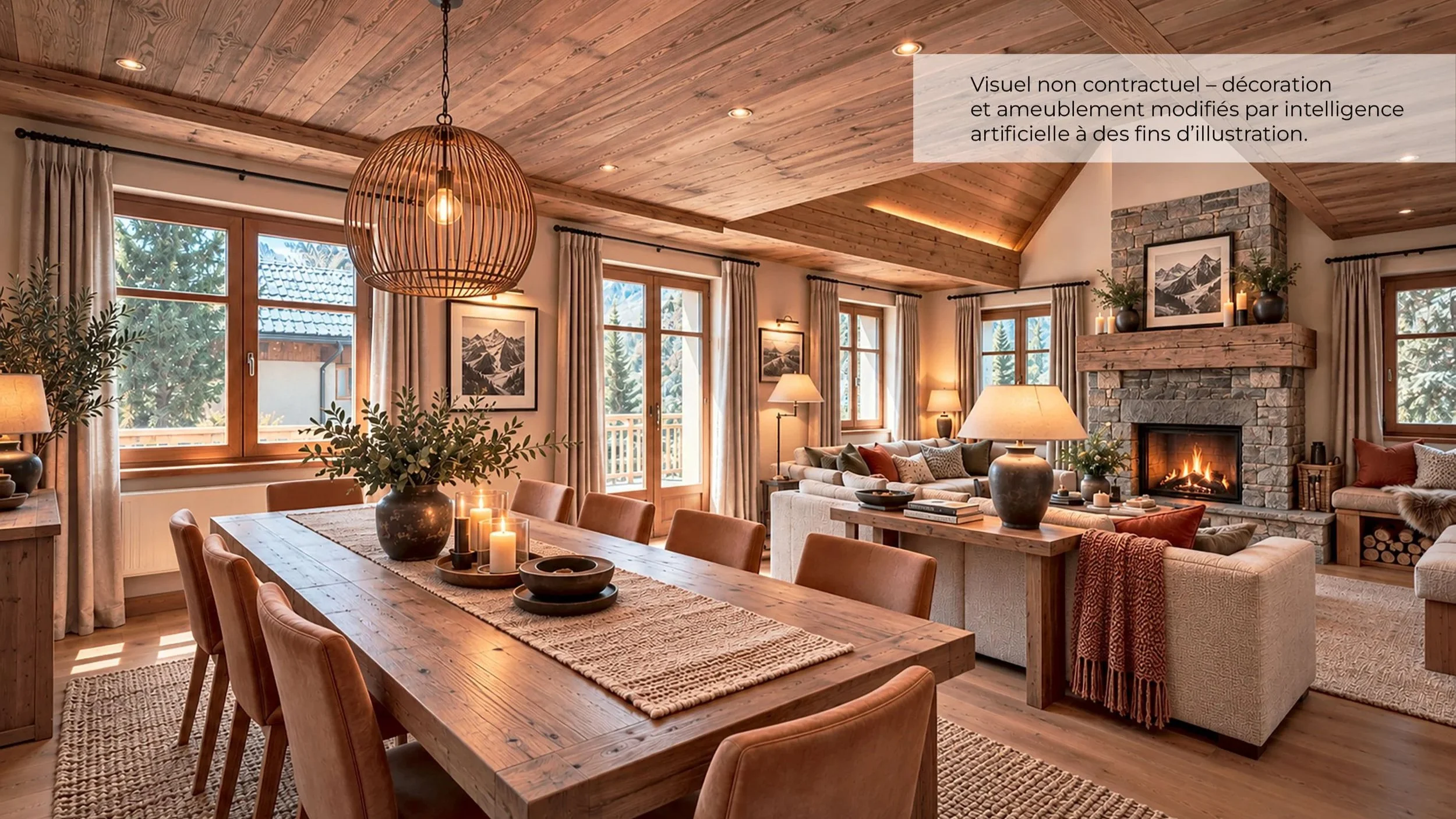 Séjour avec cheminée et salle à manger du chalet aux Granges à vendre près de Saint-Martin-de-Belleville, visuel d’aménagement modifié par intelligence artificielle