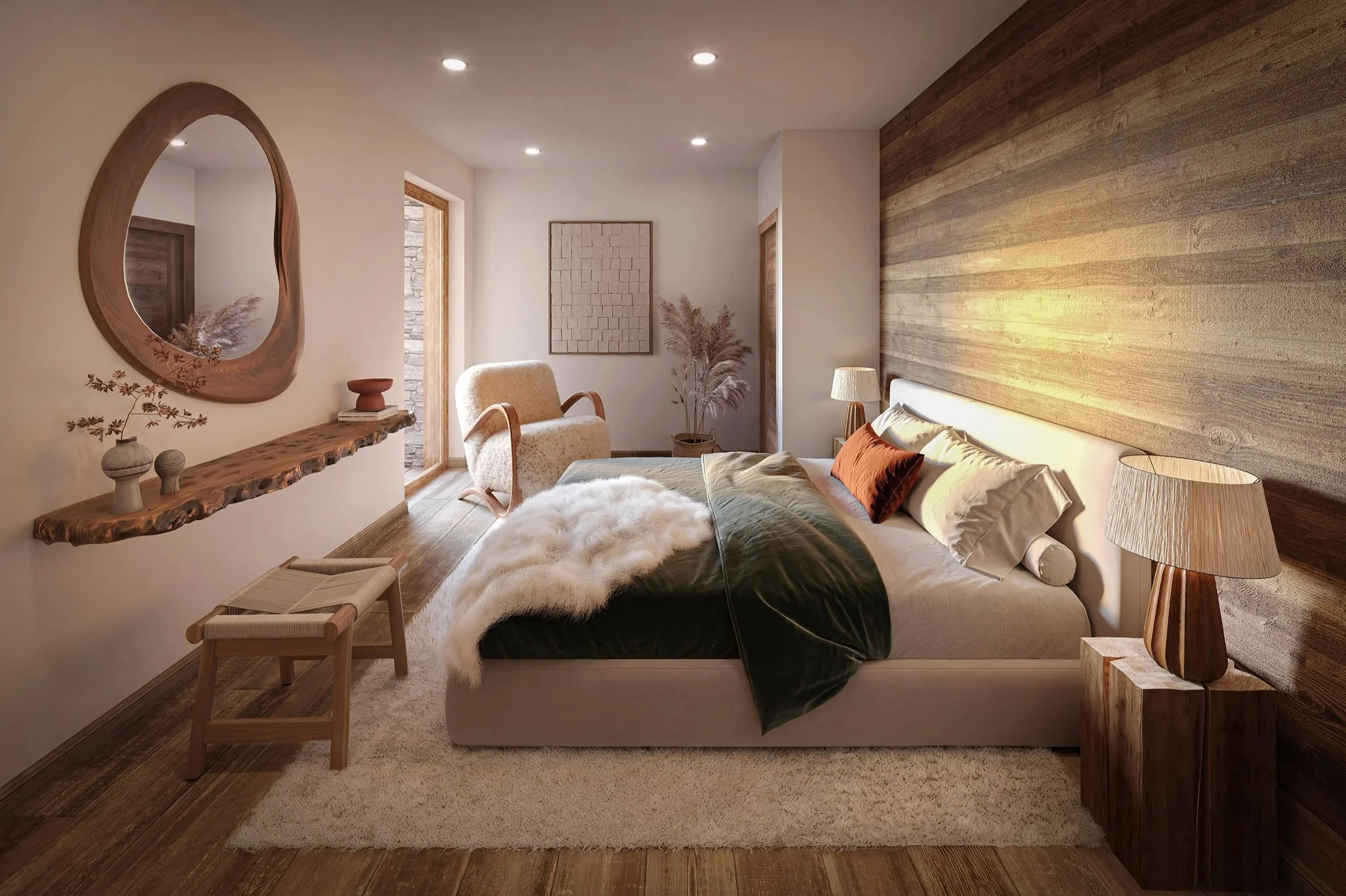Séjour lumineux avec cheminée, salle à manger et cuisine ouverte dans un appartement de prestige à vendre à Saint-Martin-de-Belleville – HOME SUMMIT