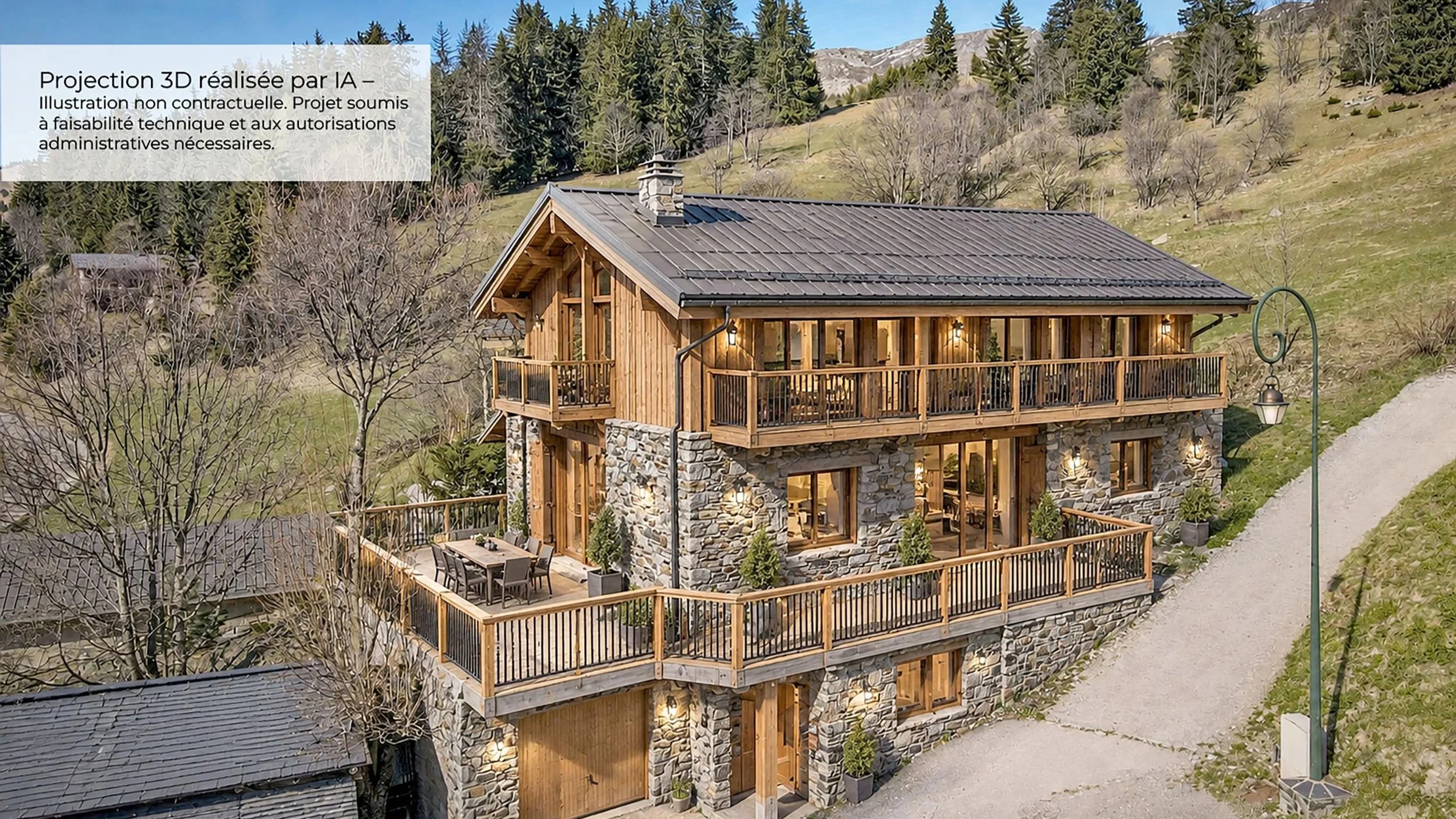 Projection 3D par intelligence artificielle du chalet de 260 m² à vendre près de Saint-Martin-de-Belleville après rénovation