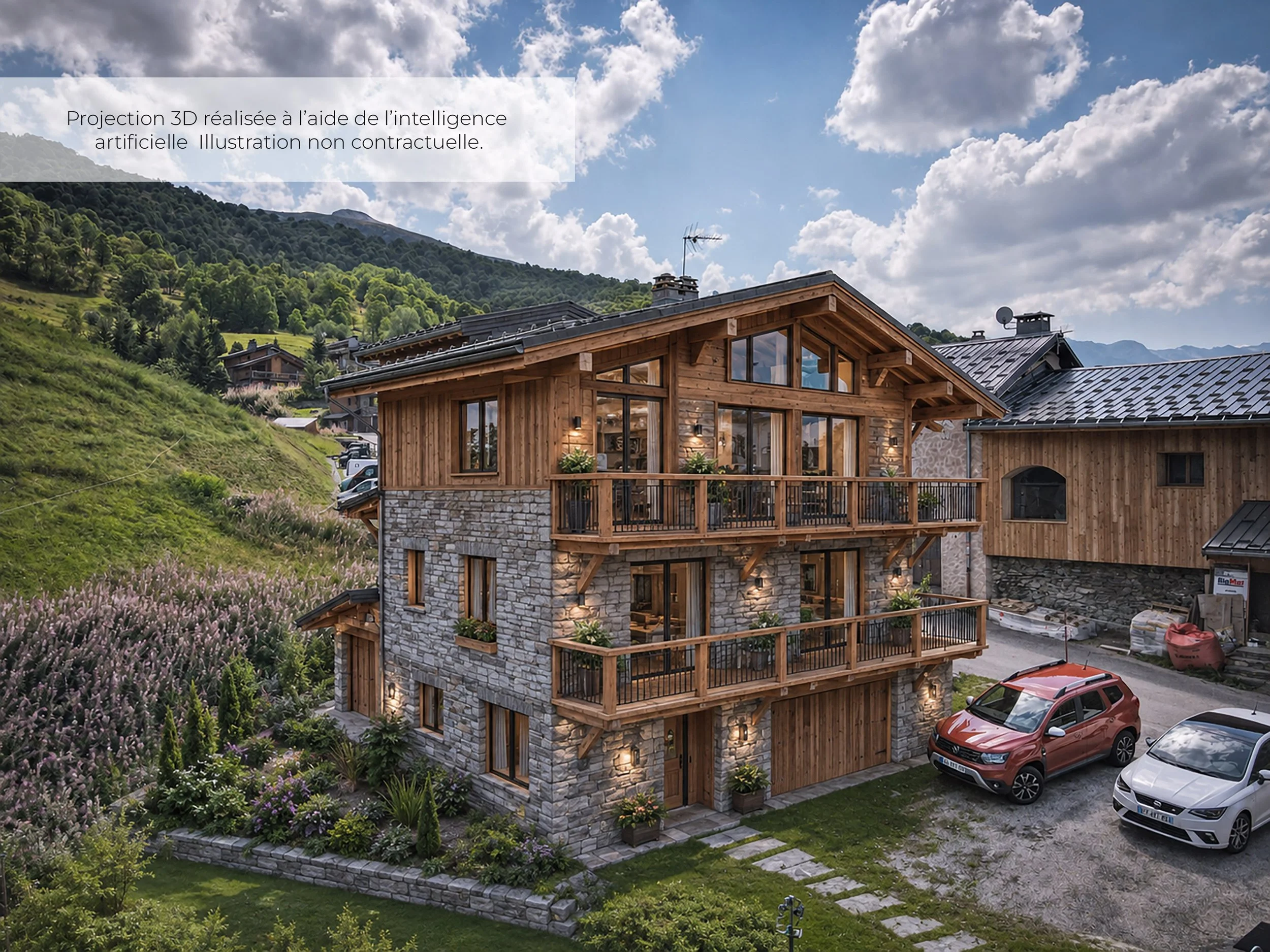 Projection 3D d’un projet de rénovation en chalet haut de gamme en pierre et bois avec grandes baies vitrées et balcons, bien immobilier à vendre dans la vallée des Belleville par HOME SUMMIT, agence immobilière à Saint-Martin-de-Belleville.