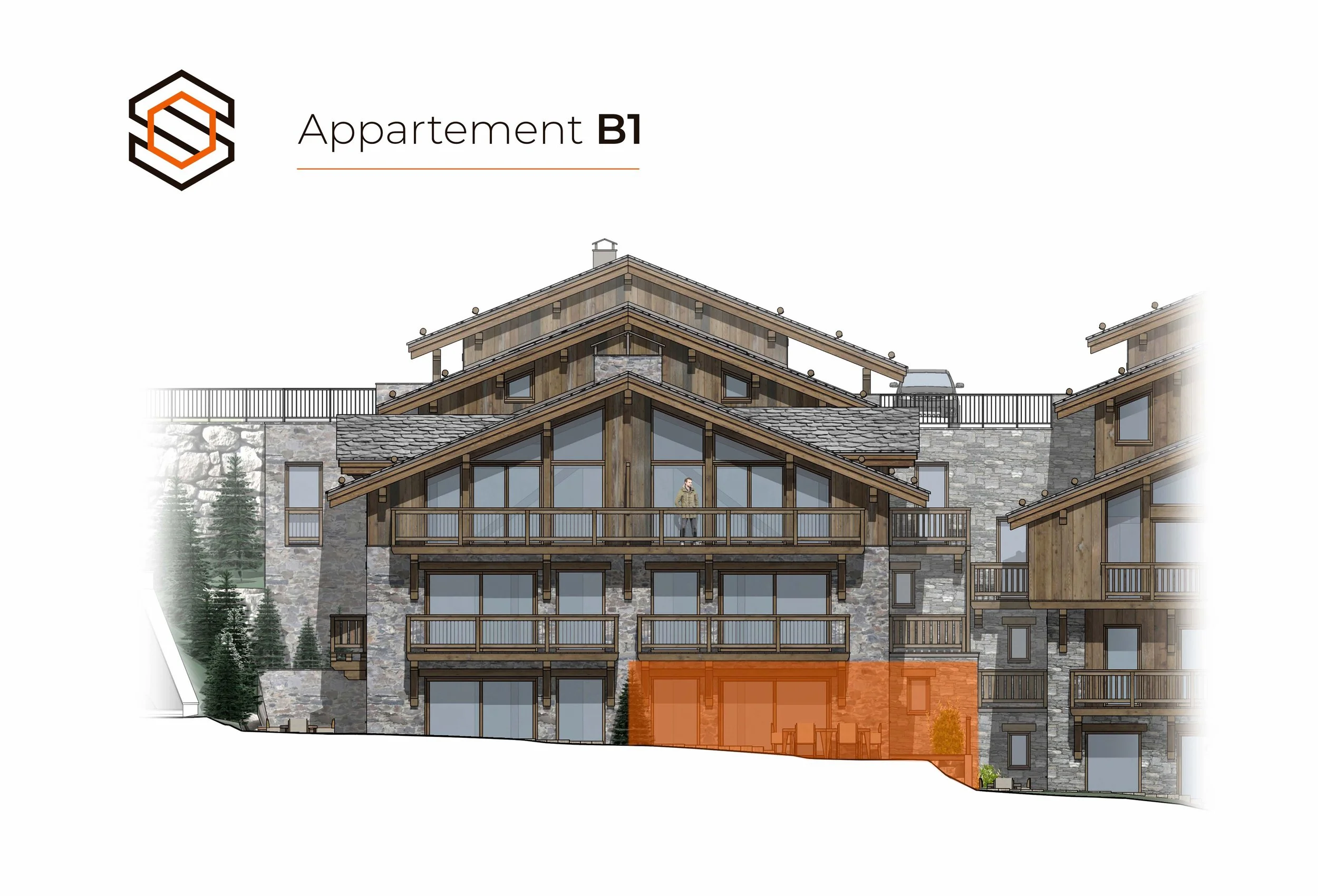 La façade de la résidence met en avant l’emplacement de l’appartement B1, grâce à une signalisation réalisée par Home Data pour le compte de l’agence Home Summit.