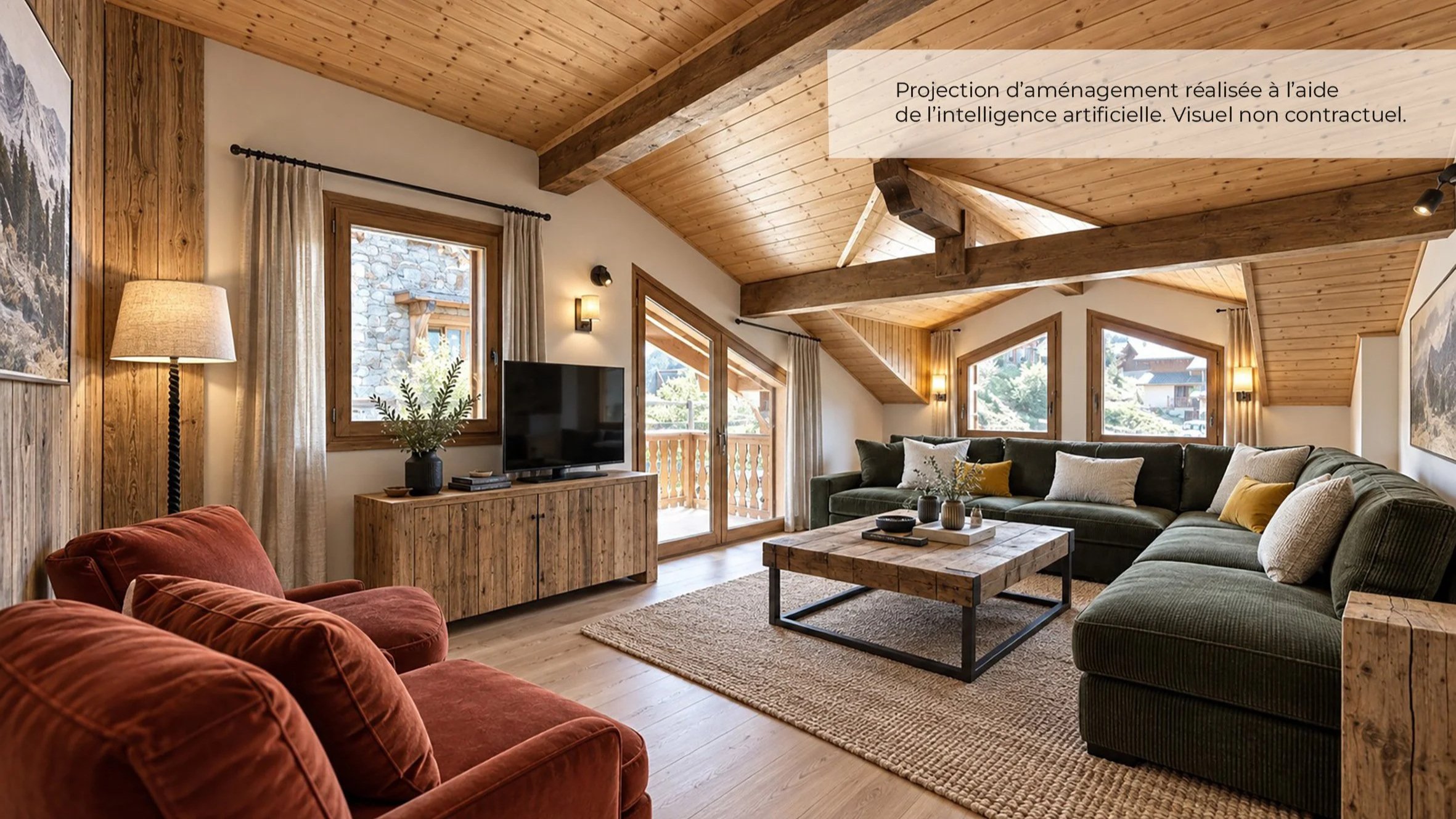 Projection d’aménagement du salon d’un chalet à vendre près de Saint-Martin-de-Belleville dans la Vallée des Belleville