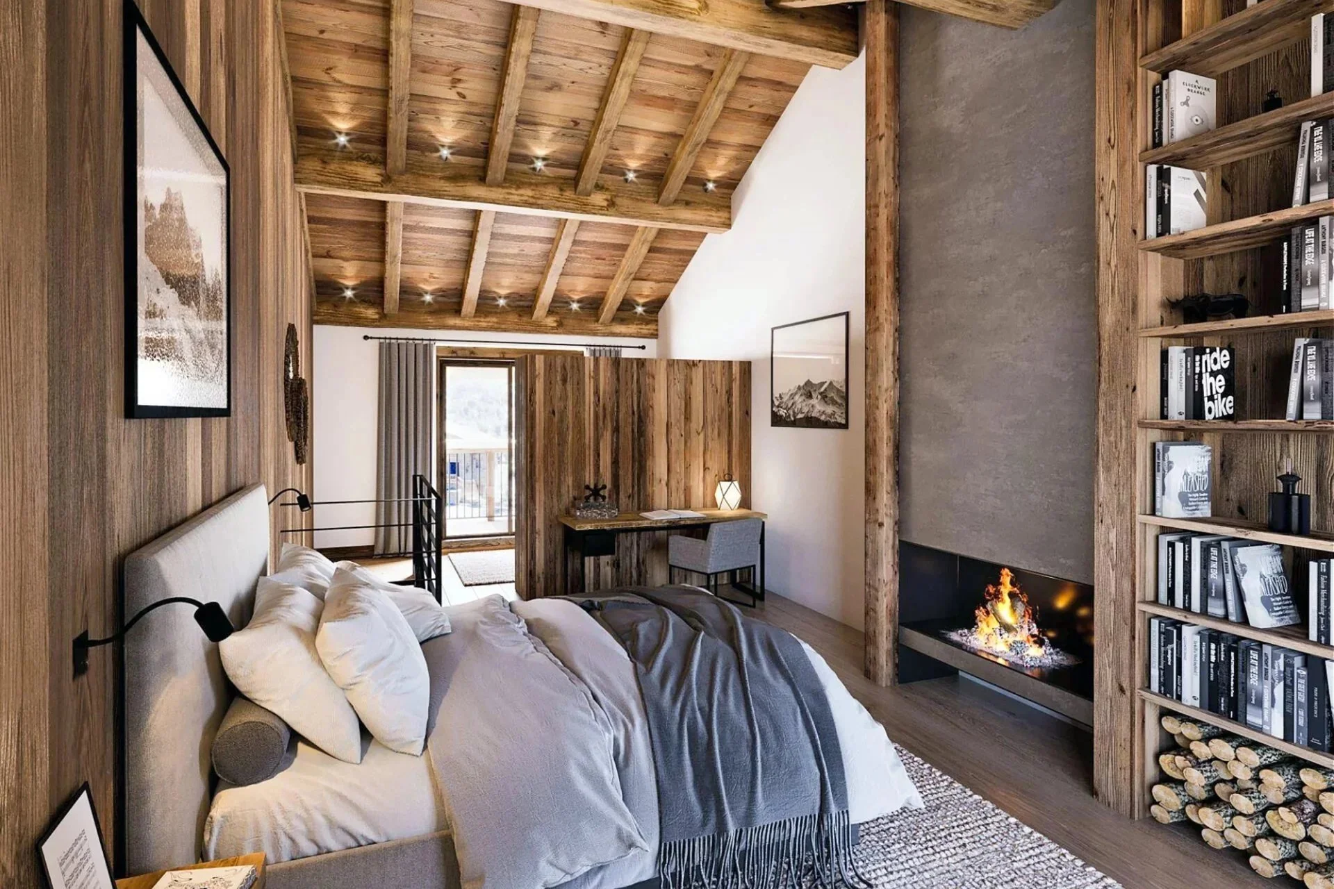 Chambre élégante d’un chalet de prestige à proximité de Saint-Martin-de-Belleville, avec charpente en bois apparent, cheminée contemporaine, bibliothèque intégrée et décoration alpine raffinée.