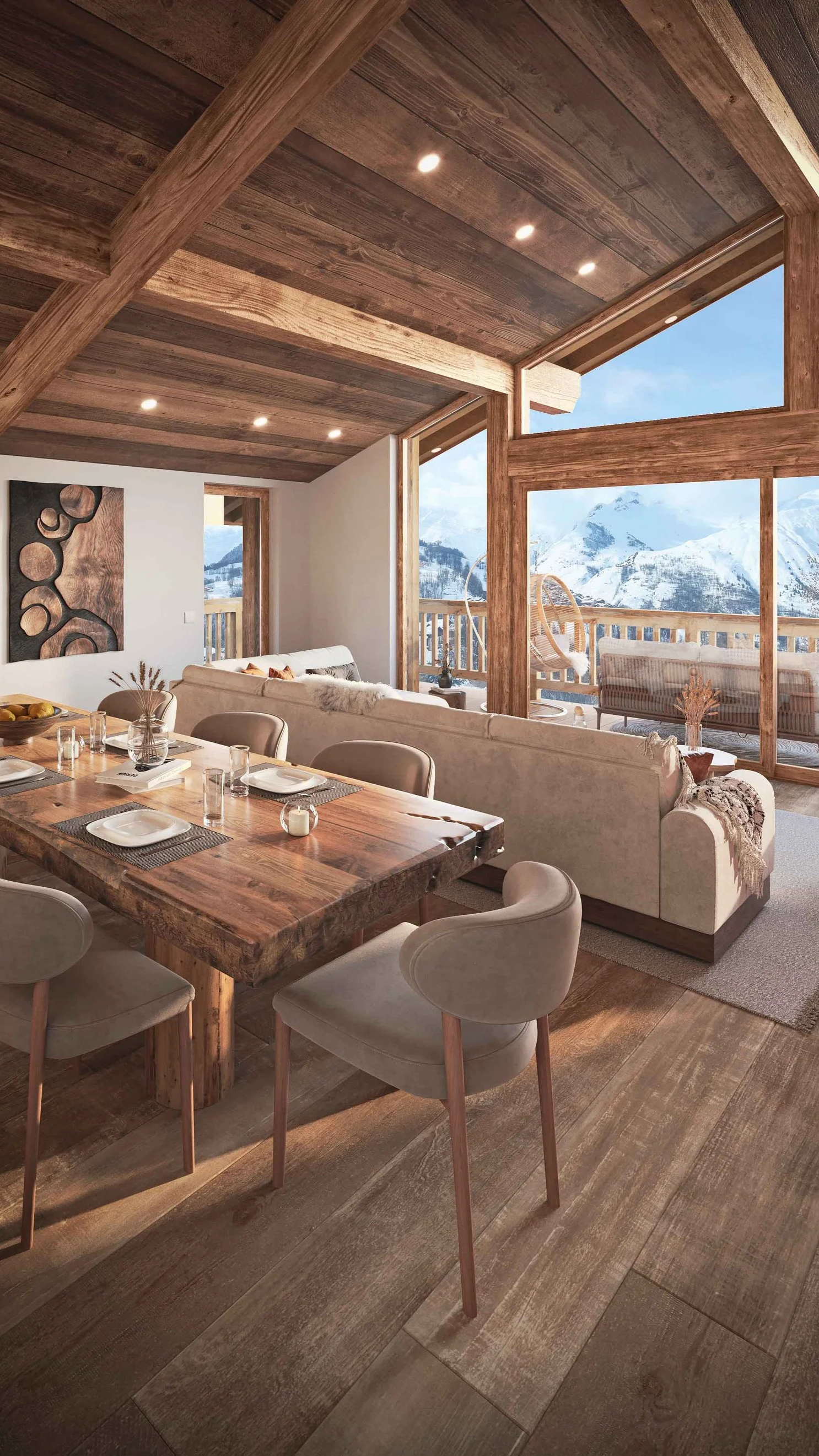 Appartement haut de gamme avec salon cathédrale, grandes baies vitrées et vue montagne dans les 3 Vallées, proposé par HOME SUMMIT.