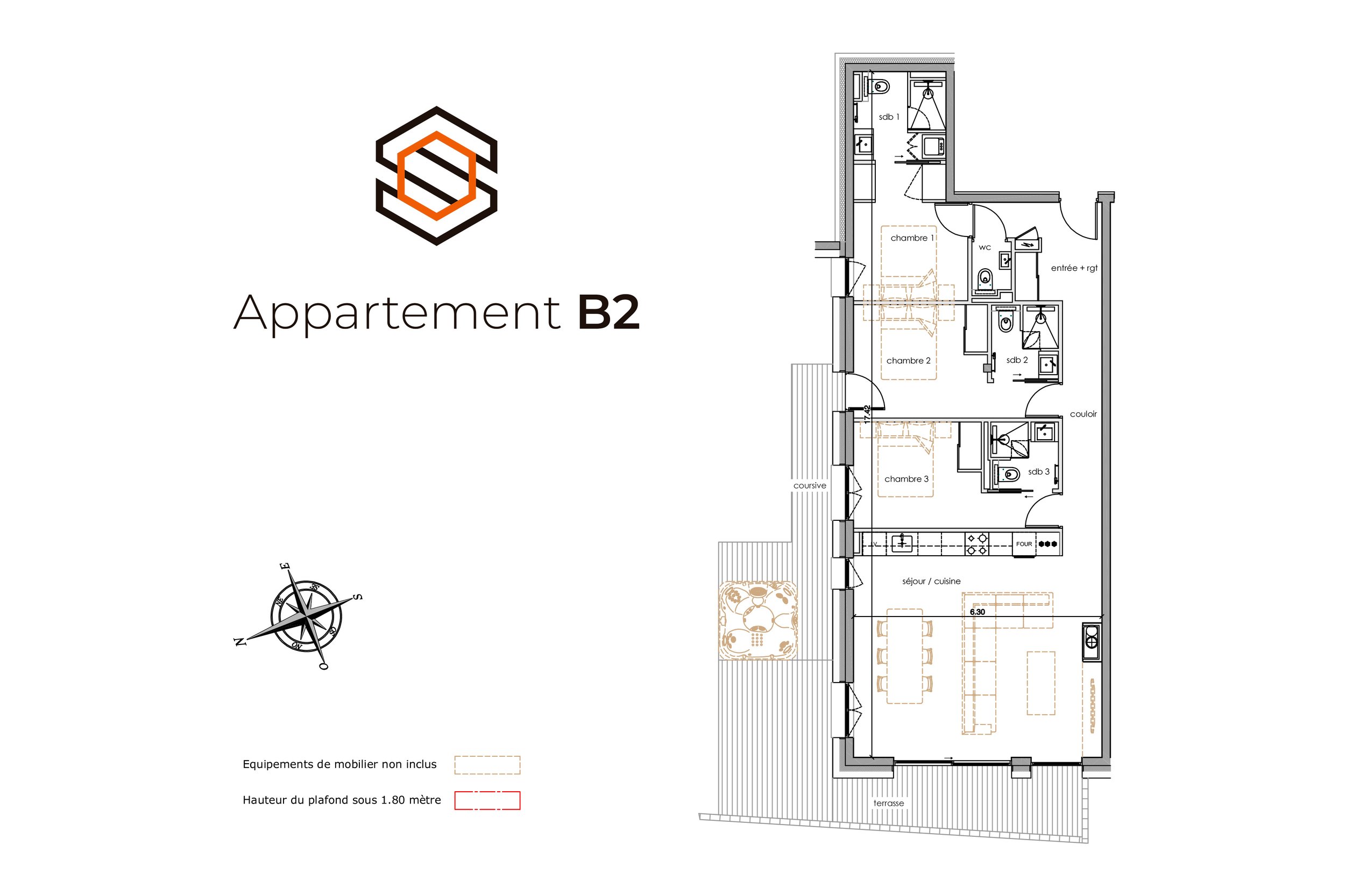 Plan architectural de l’appartement B2, incluant ses différentes pièces . Ce bien est proposé à la vente par l’agence Home Summit dans le cadre d’une opération immobilière en Vente en Futur Achèvement (VFA).