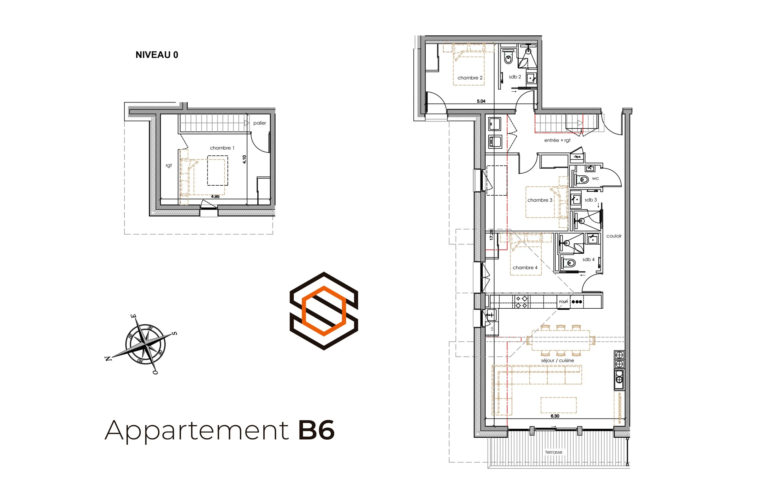 Appartement B6 à vendre chez HOME SUMMIT : chambres, salles de bain, cuisine ouverte sur salon et terrasse avec vue panoramique sur les montagnes de la vallée des Belleville.