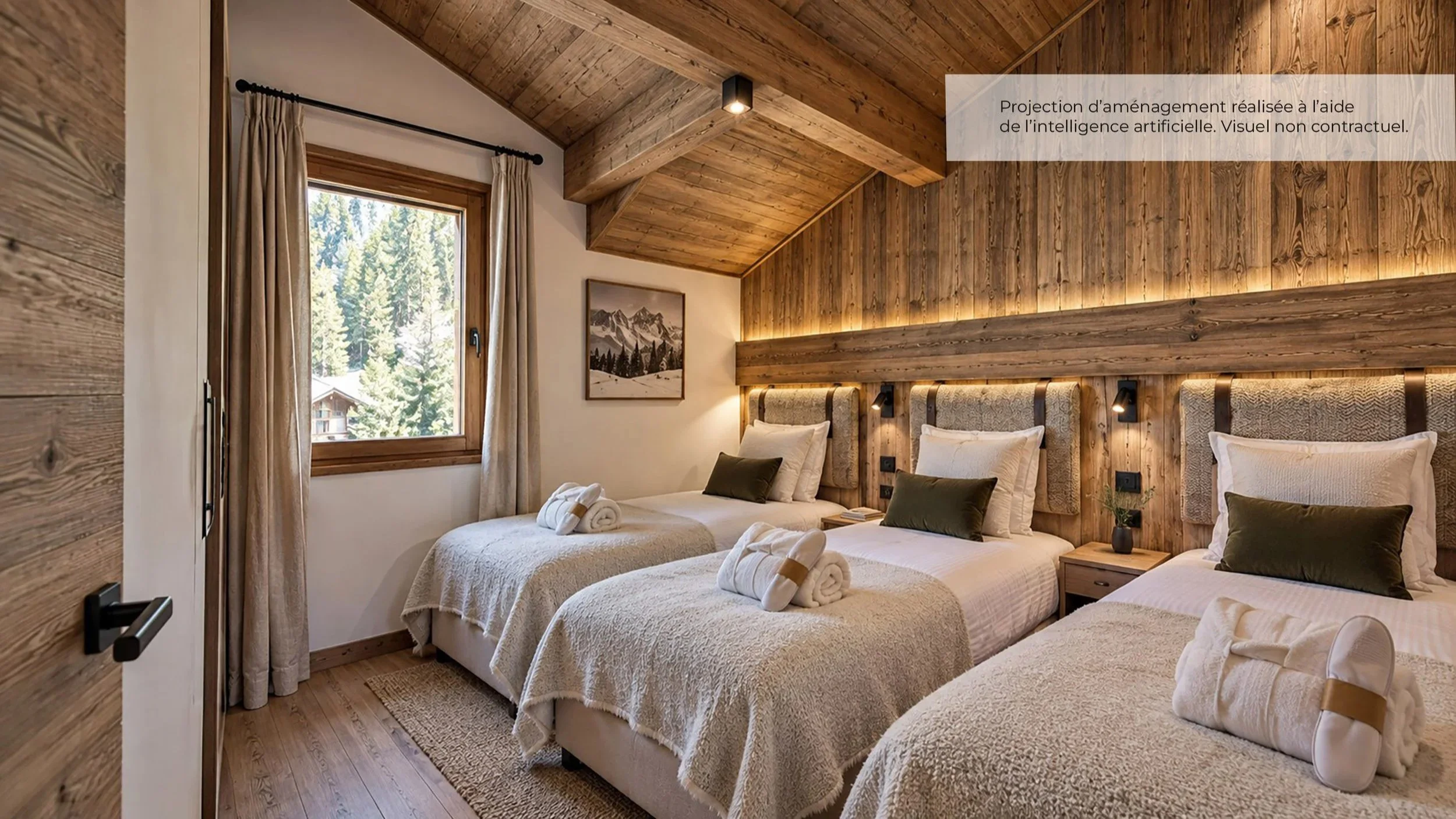 Projection d’aménagement d’une chambre trois couchages dans un chalet à vendre près de Saint-Martin-de-Belleville