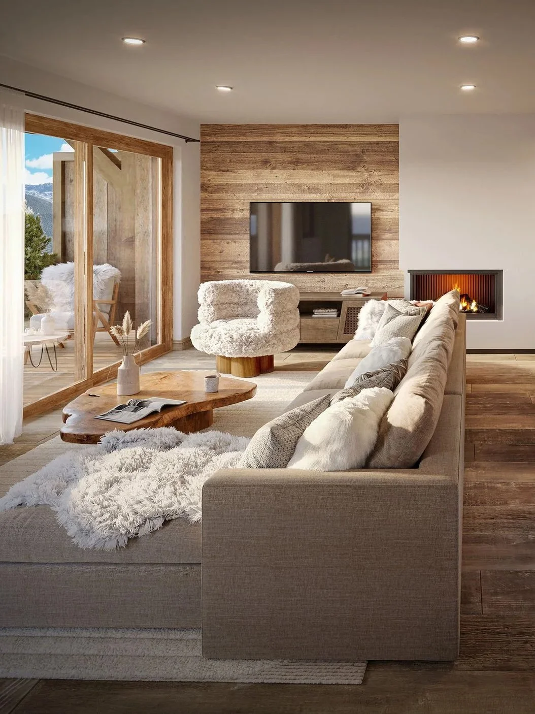 Salon contemporain avec cheminée et terrasse dans une résidence haut de gamme à Saint-Martin-de-Belleville, idéal pour un investissement immobilier en montagne.