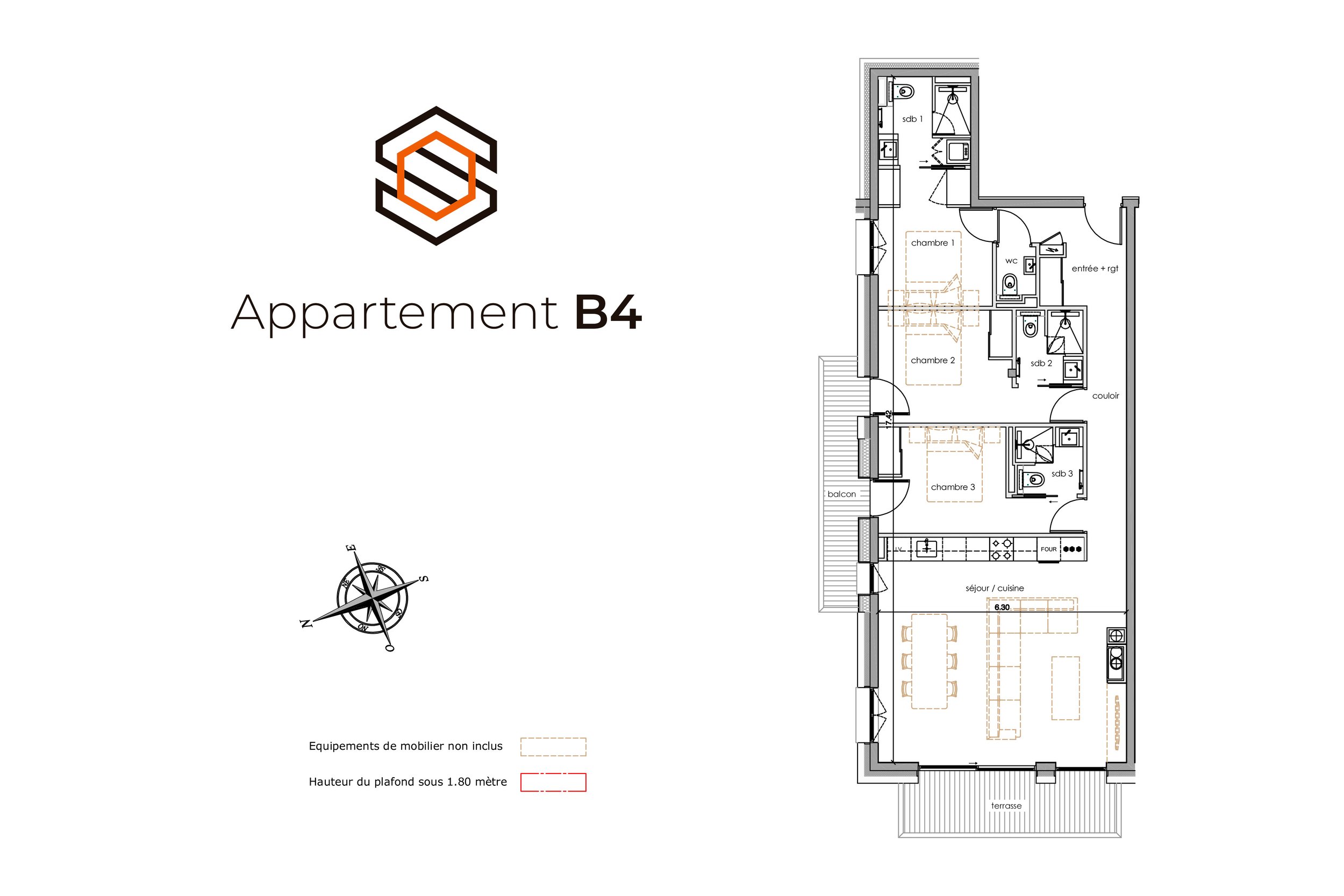 Plan d'appartement B4 comprenant trois chambres, un séjour/cuisine, une terrasse, un balcon, une salle de bain, un WC, une entrée avec rangement, un couloir, et diverses fenêtres et portes.