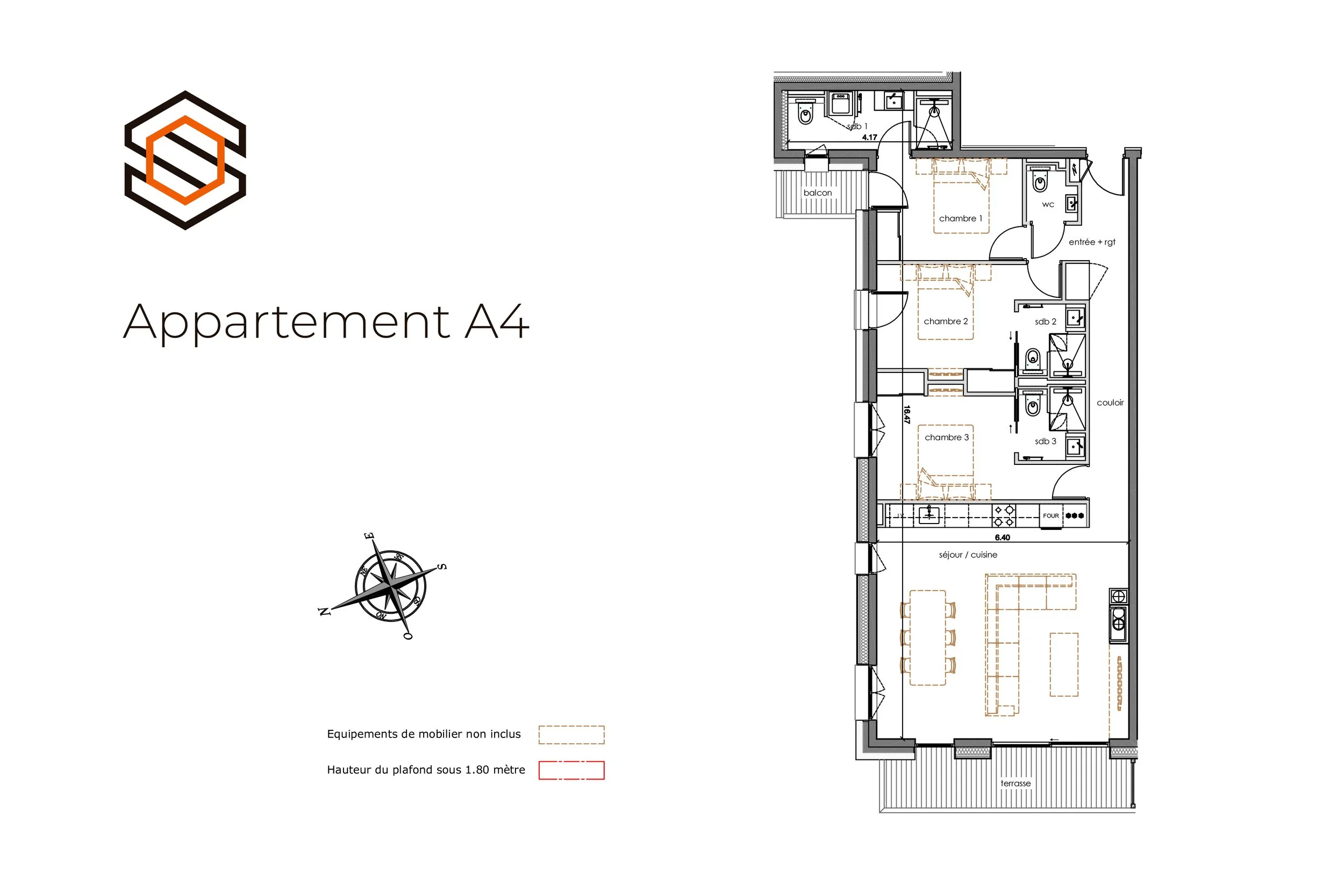 Plan détaillé de l’appartement A4 à vendre : plusieurs chambres, salles de bain et toilettes, cuisine américaine ouverte sur le salon avec terrasse offrant une vue dégagée sur les montagnes de la vallée des Belleville.