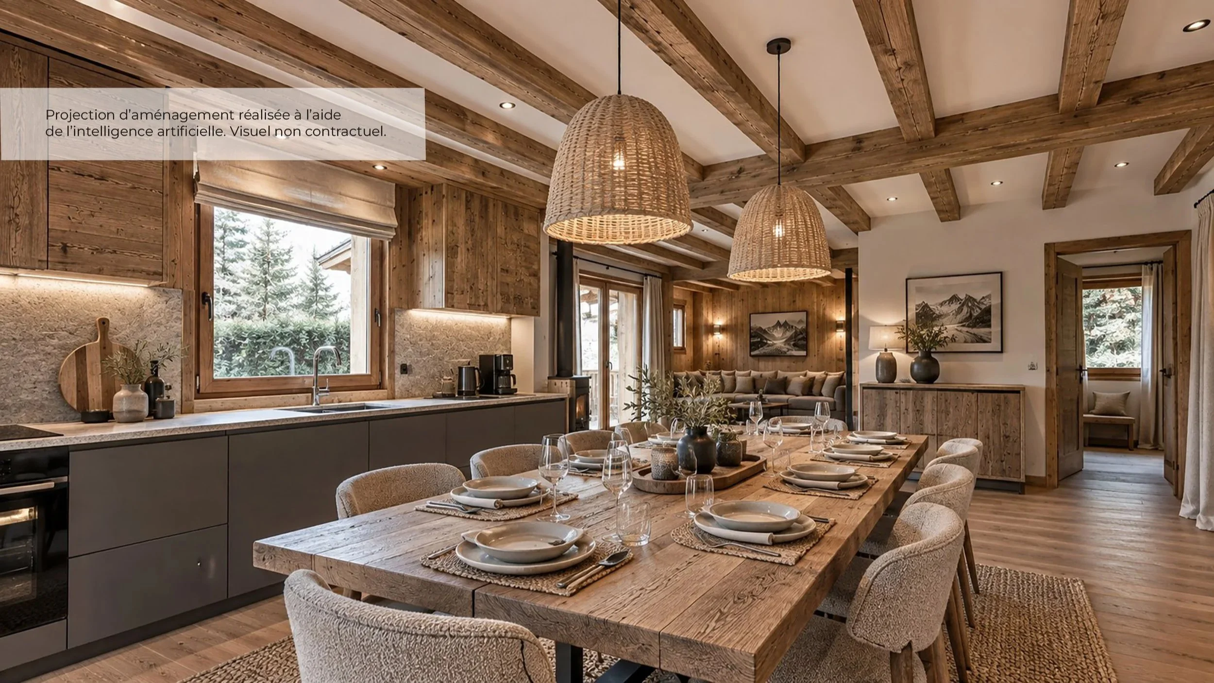 Projection d’aménagement d’une cuisine et salle à manger dans un chalet à vendre près de Saint-Martin-de-Belleville