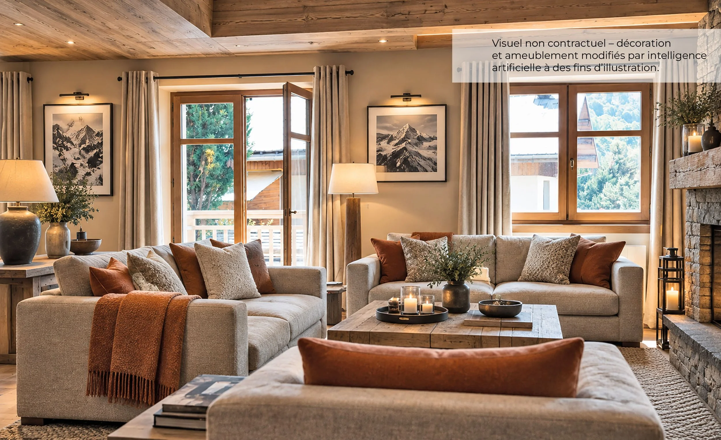 Séjour élégant d’un chalet à vendre près de Saint-Martin-de-Belleville, avec décoration alpine contemporaine, bois, pierre et cheminée.