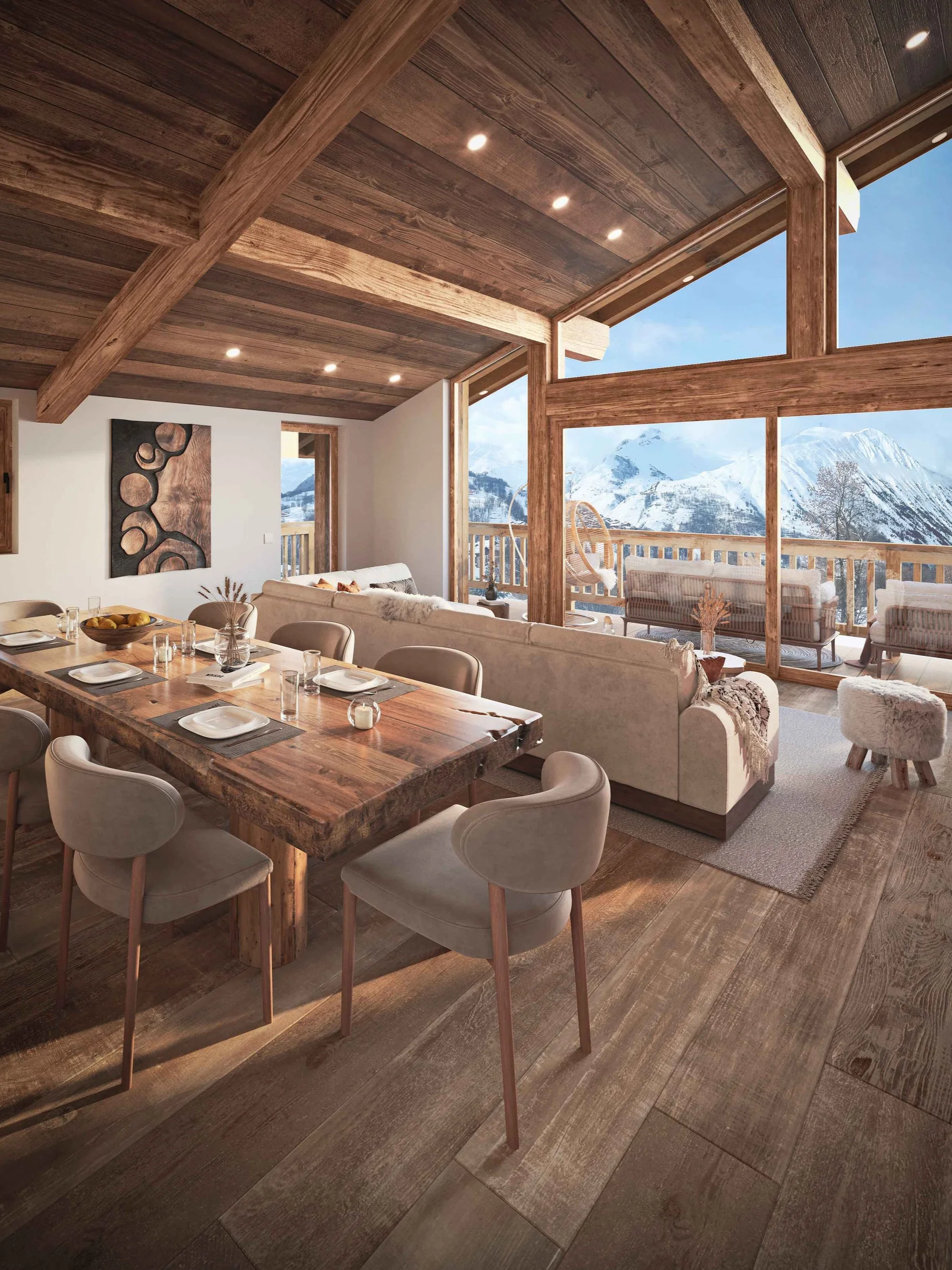 Salon aménagé d’un appartement en cours de réalisation à Saint-Martin-de-Belleville, 3 Vallées, à vendre chez HOME SUMMIT, immobilier haut de gamme, appartement neuf, investissement immobilier de montagne Alpes ski