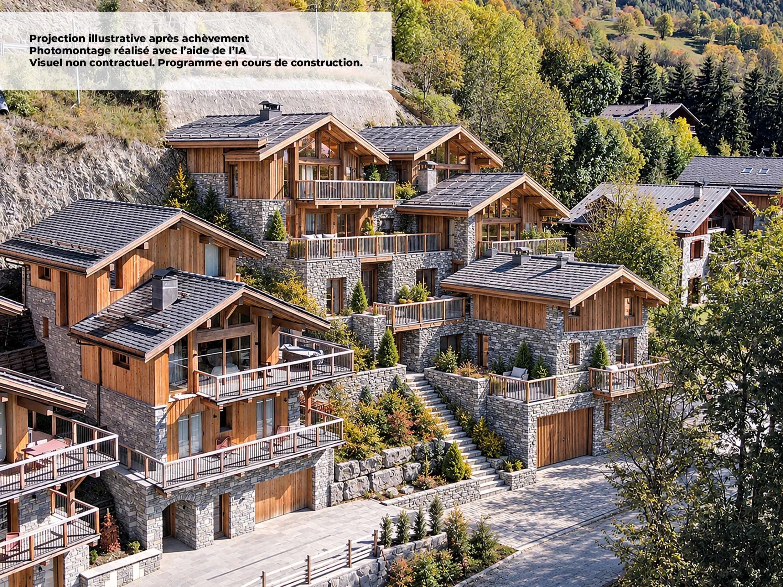 Projection illustrative de chalets de prestige près de Saint-Martin-de-Belleville, architecture alpine en bois et pierre, grandes terrasses et environnement montagnard.