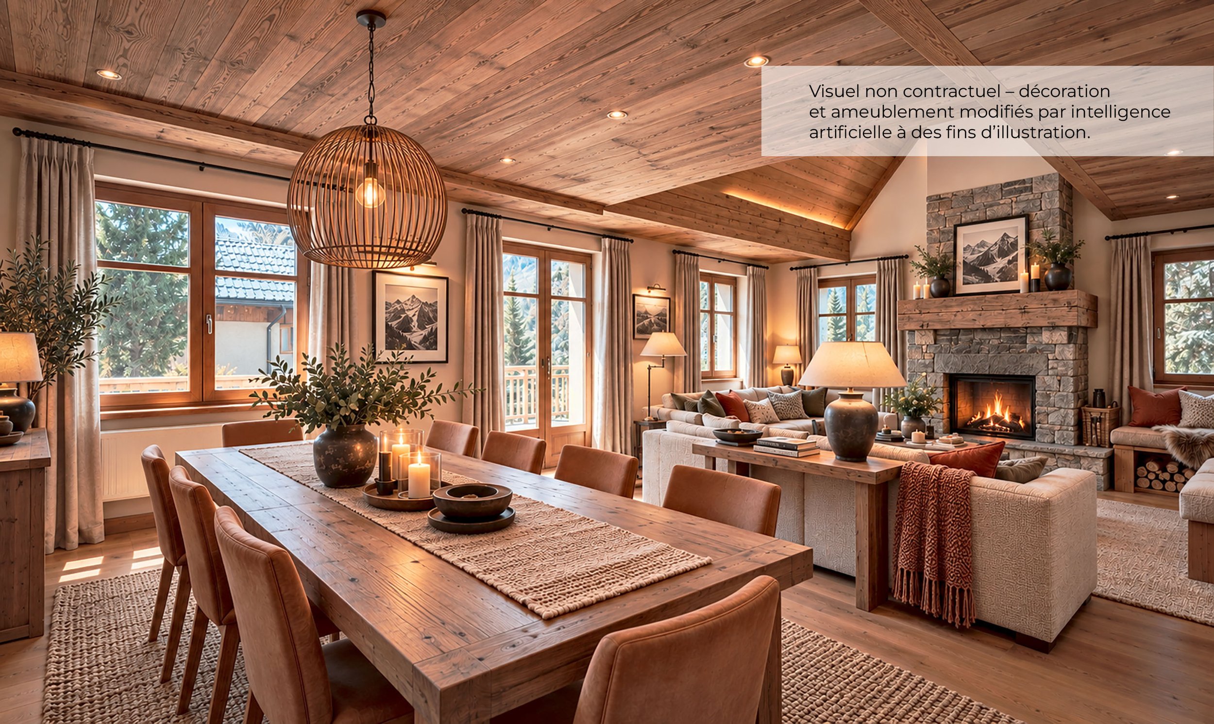 Salle à manger et salon d’un chalet à vendre près de Saint-Martin-de-Belleville, avec cheminée en pierre, bois chaleureux et décoration alpine contemporaine.