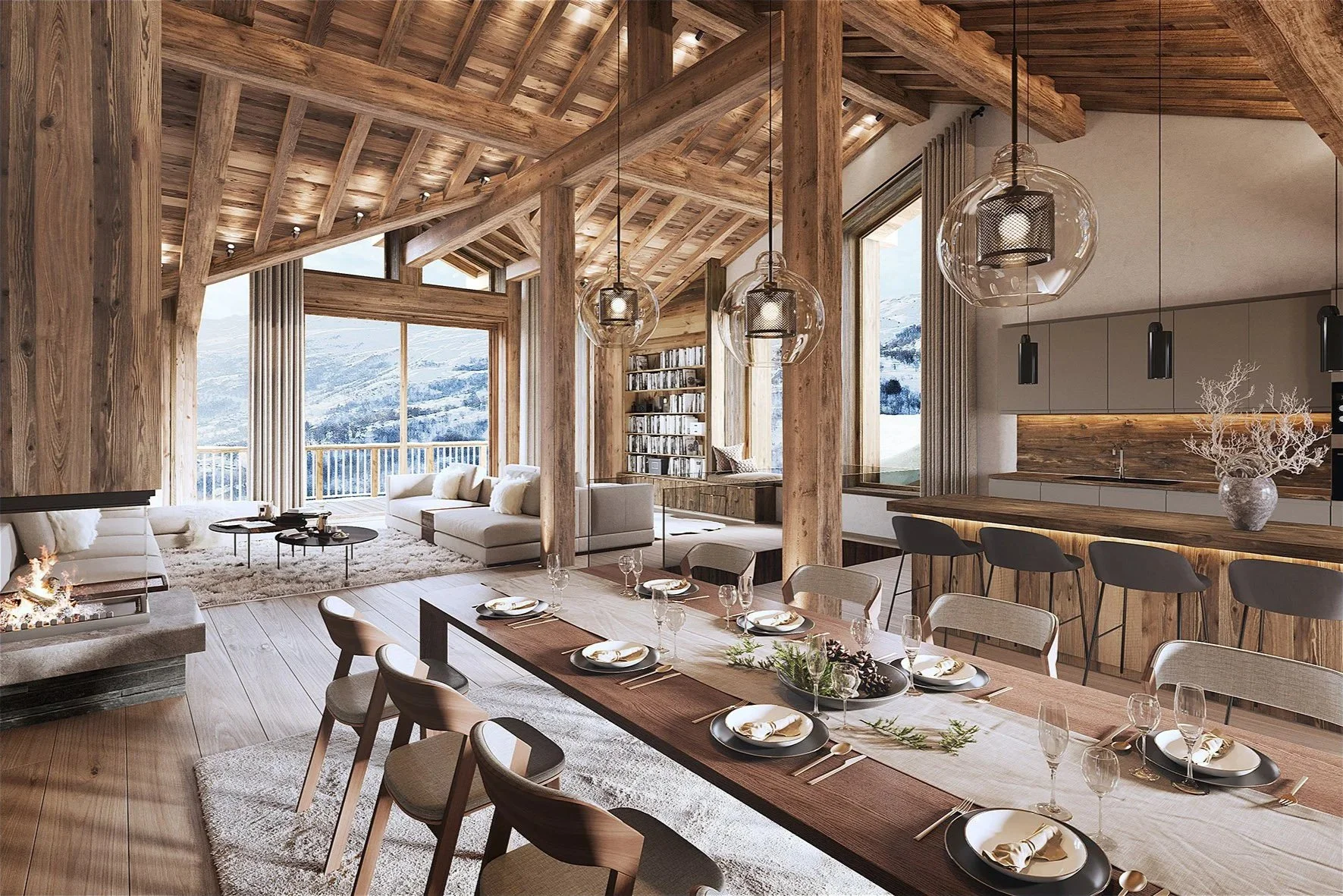 Séjour avec cheminée, cuisine ouverte et vue montagne dans un chalet de prestige à vendre à Saint-Martin-de-Belleville – HOME SUMMIT