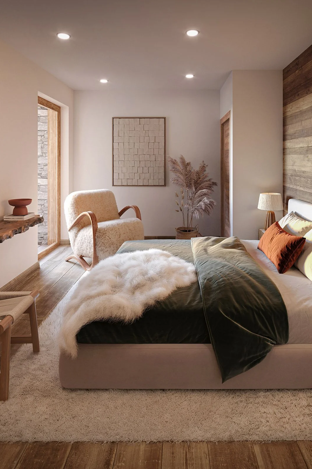 Chambre parentale haut de gamme dans un appartement à vendre à Saint-Martin-de-Belleville, proposant des prestations premium au cœur des 3 Vallées, commercialisé par HOME SUMMIT.