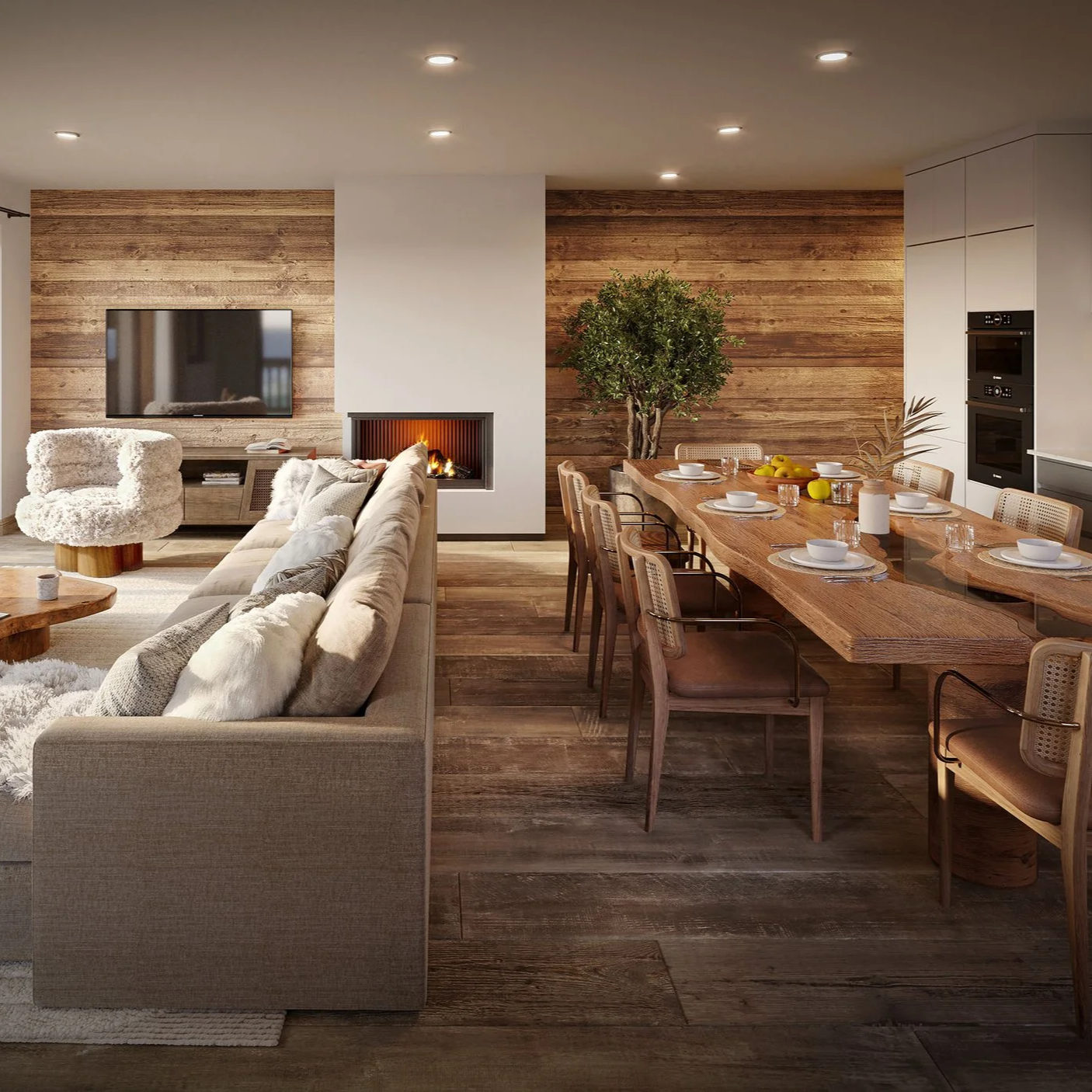 Espace de vie chaleureux avec matériaux nobles dans un appartement de prestige offrant un fort potentiel de rentabilité locative dans les 3 Vallées.