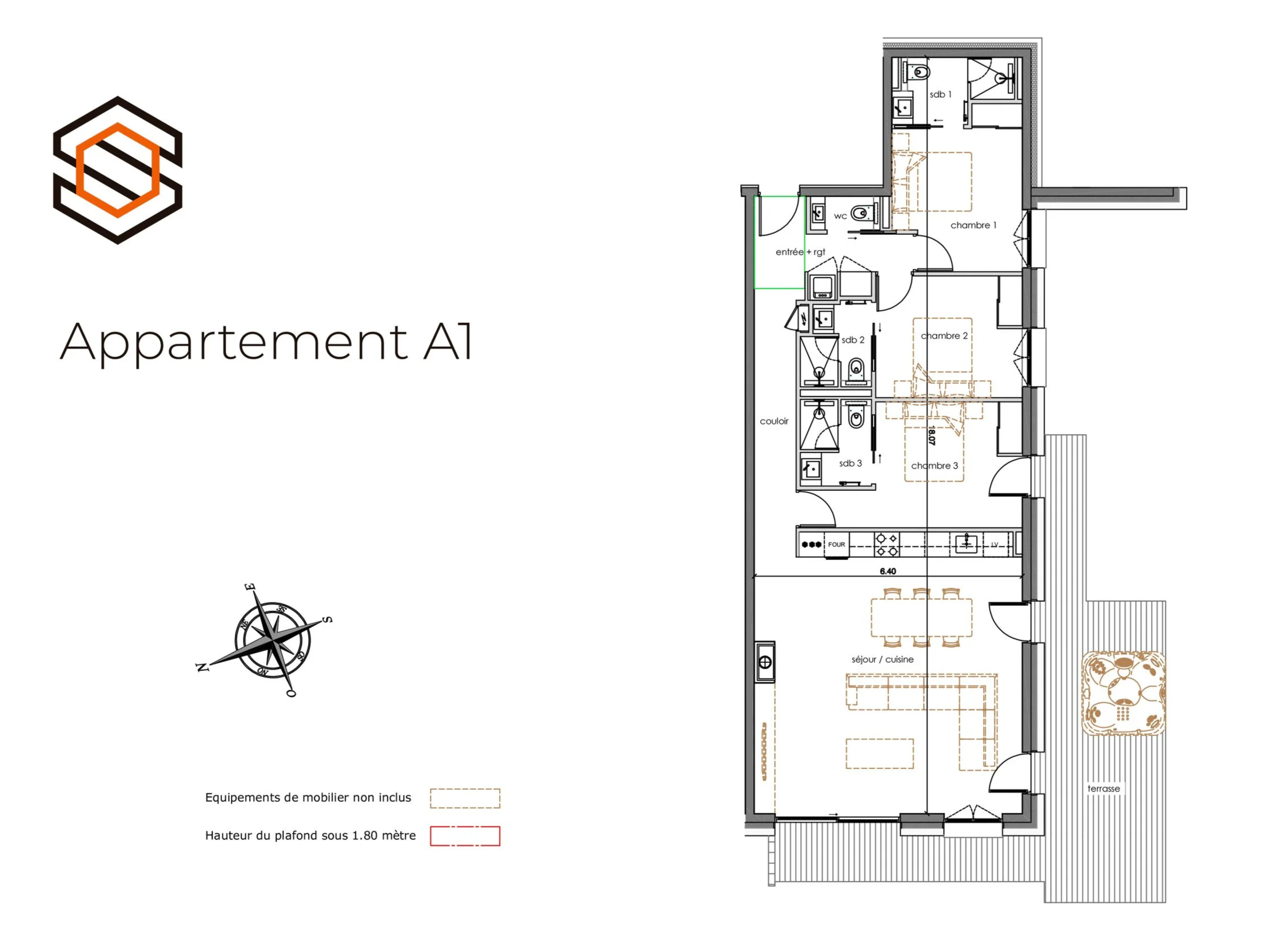 Plan de l'appartement A6 à vendre à Saint-Martin-de-Belleville, résidence haut de gamme commercialisée par HOME SUMMIT, comprenant plusieurs chambres, terrasse et espaces de vie généreux au cœur des 3 Vallées.