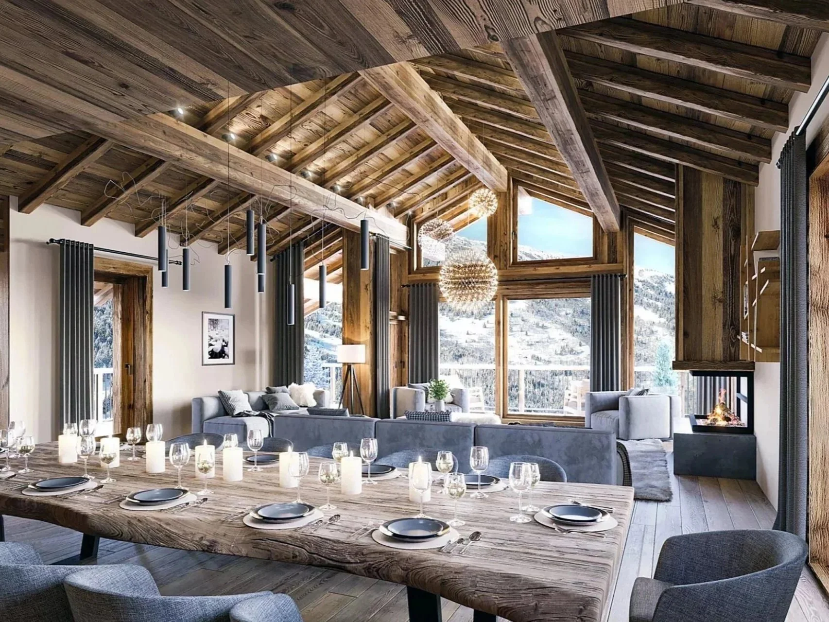 Vaste séjour d’un chalet de prestige à proximité de Saint-Martin-de-Belleville, avec salon élégant, salle à manger, charpente apparente, cheminée contemporaine et grandes baies vitrées offrant une vue panoramique sur les montagnes.