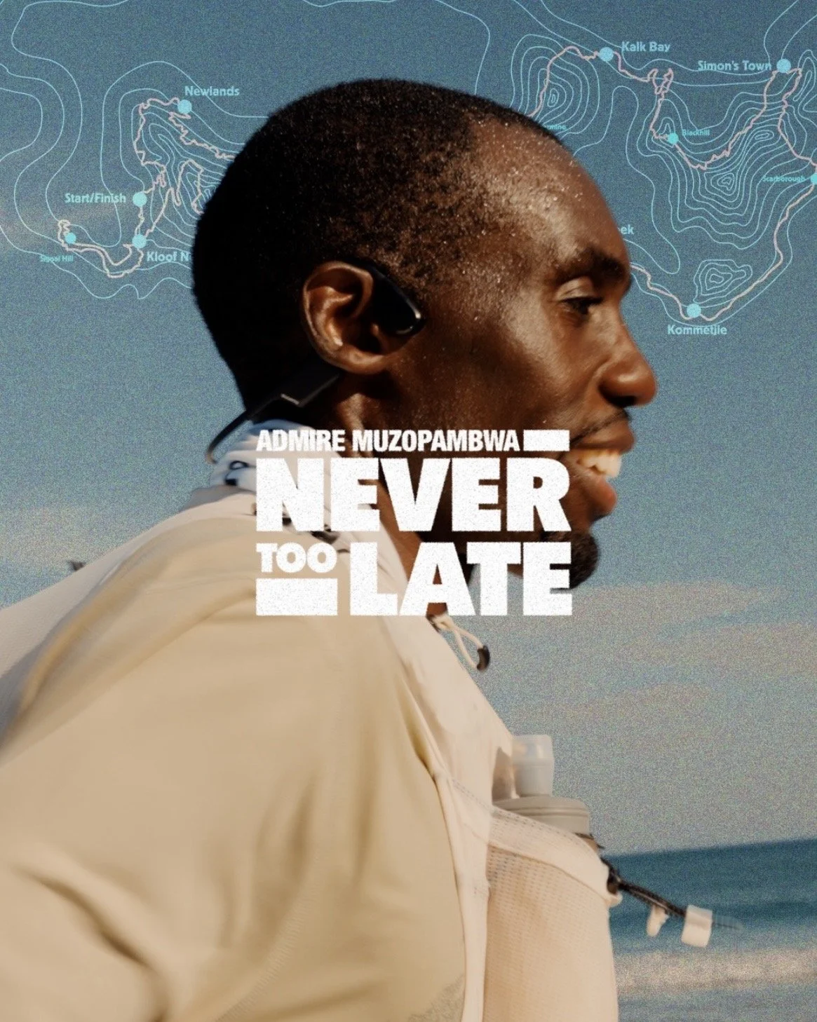 Profile of a man in a beige hoodie, with a map of Newlands in the background, and white text reading 'Admire Muzopambwa Never Too Late'.