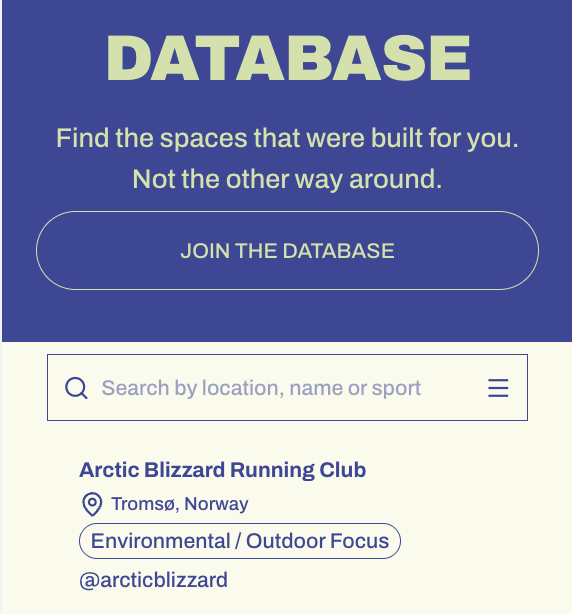 A webpage screenshot promoting a database for finding outdoor sports locations, featuring a search bar, a 'Join the Database' button, and a listing for Arctic Blizzard Running Club in Tromsø, Norway.