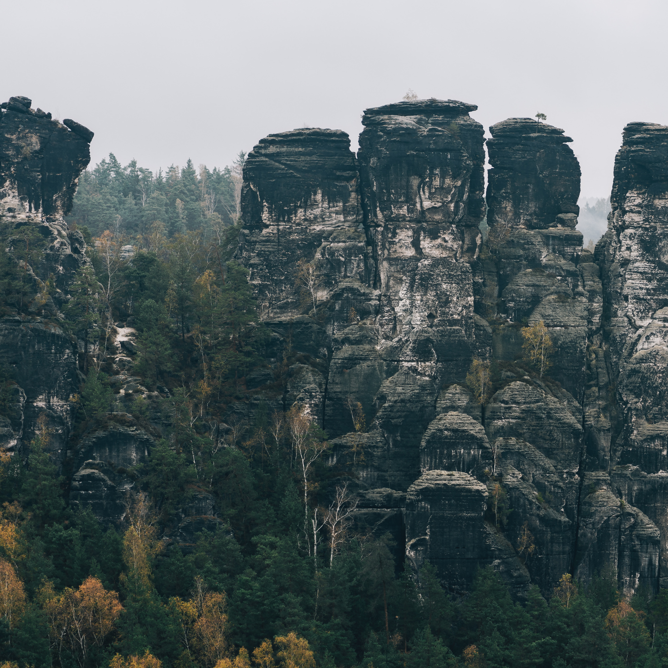 Rock formations with trees and forest on a mountain hillside under a cloudy sky