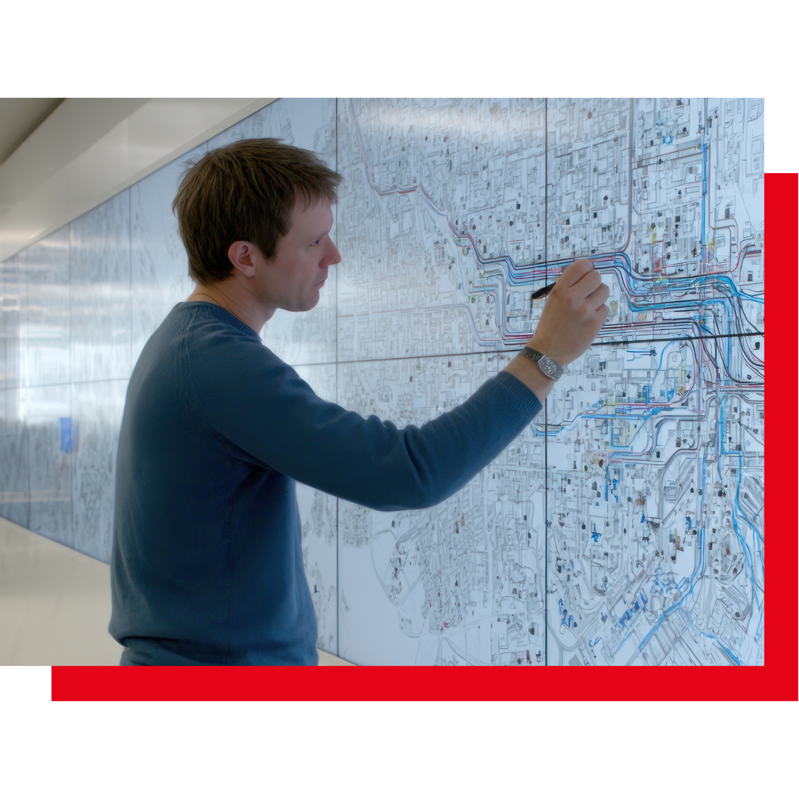 Engineer analyzing and marking seismic data on a large digital map display, representing earthquake research and data visualization.