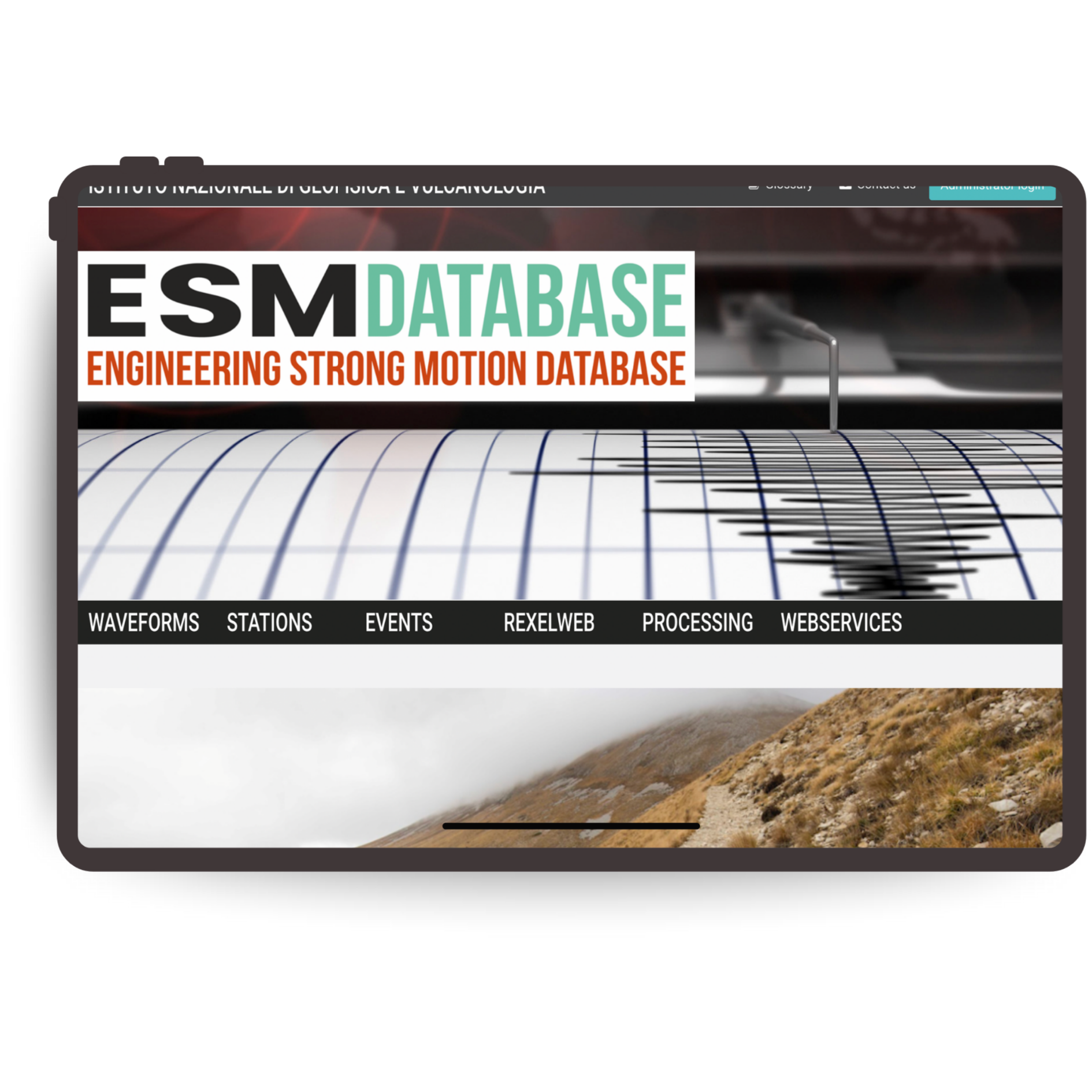 Tablet displaying the Engineering Strong Motion (ESM) Database website, featuring seismic waveform data and earthquake event information for engineering analysis.