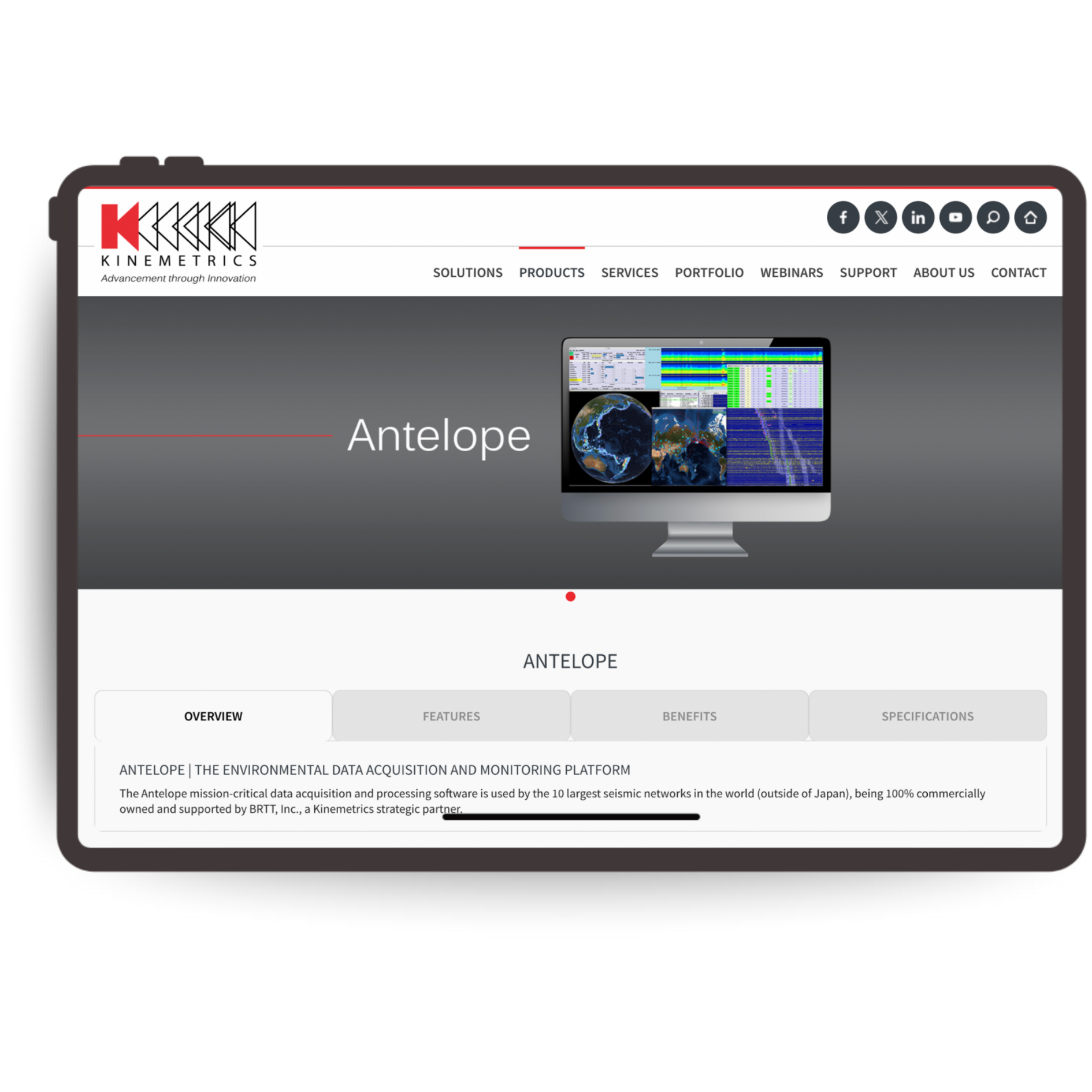Tablet displaying the Kinemetrics Antelope software webpage, showcasing environmental data acquisition and seismic monitoring tools for earthquake analysis.