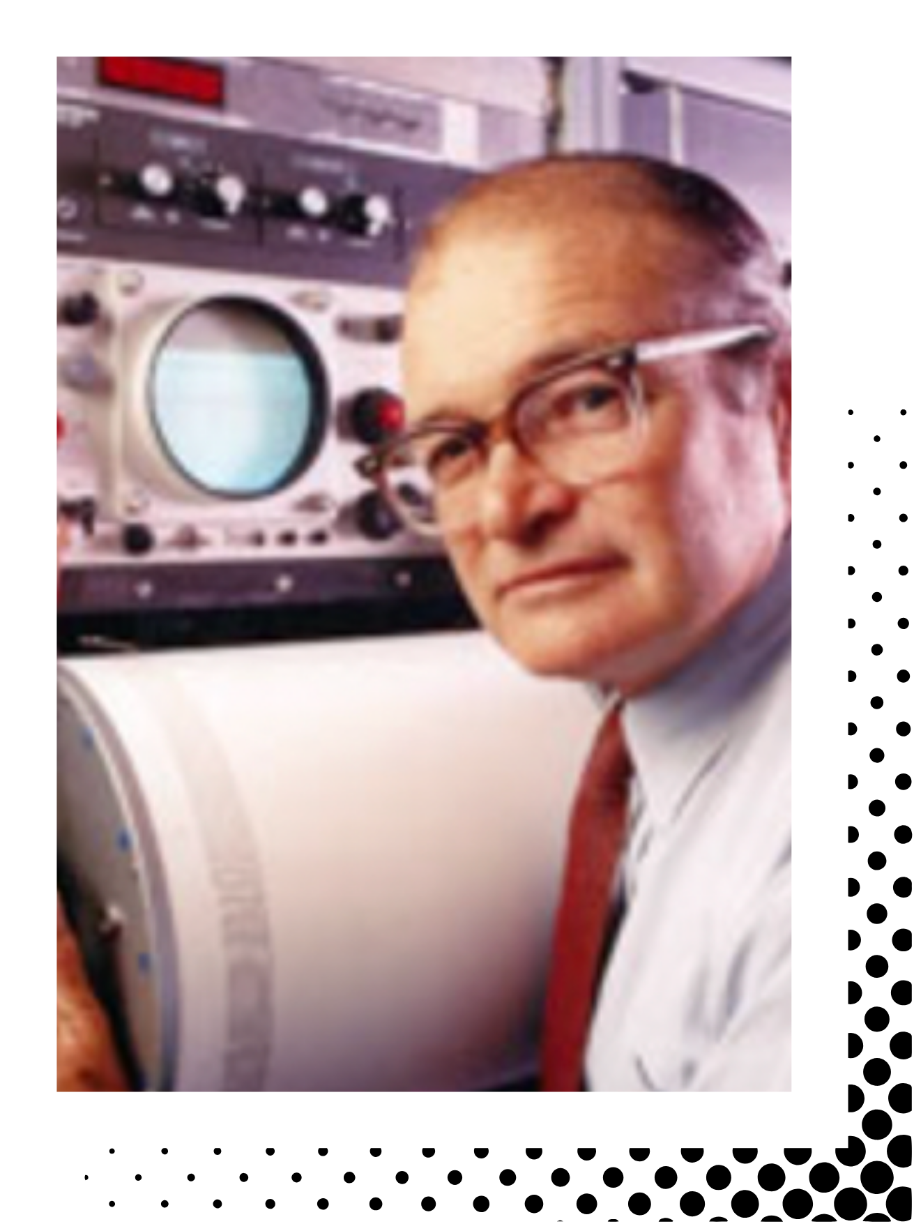 Portrait of a scientist standing beside a seismograph, representing innovation and historical contributions to earthquake research and seismic instrumentation.
