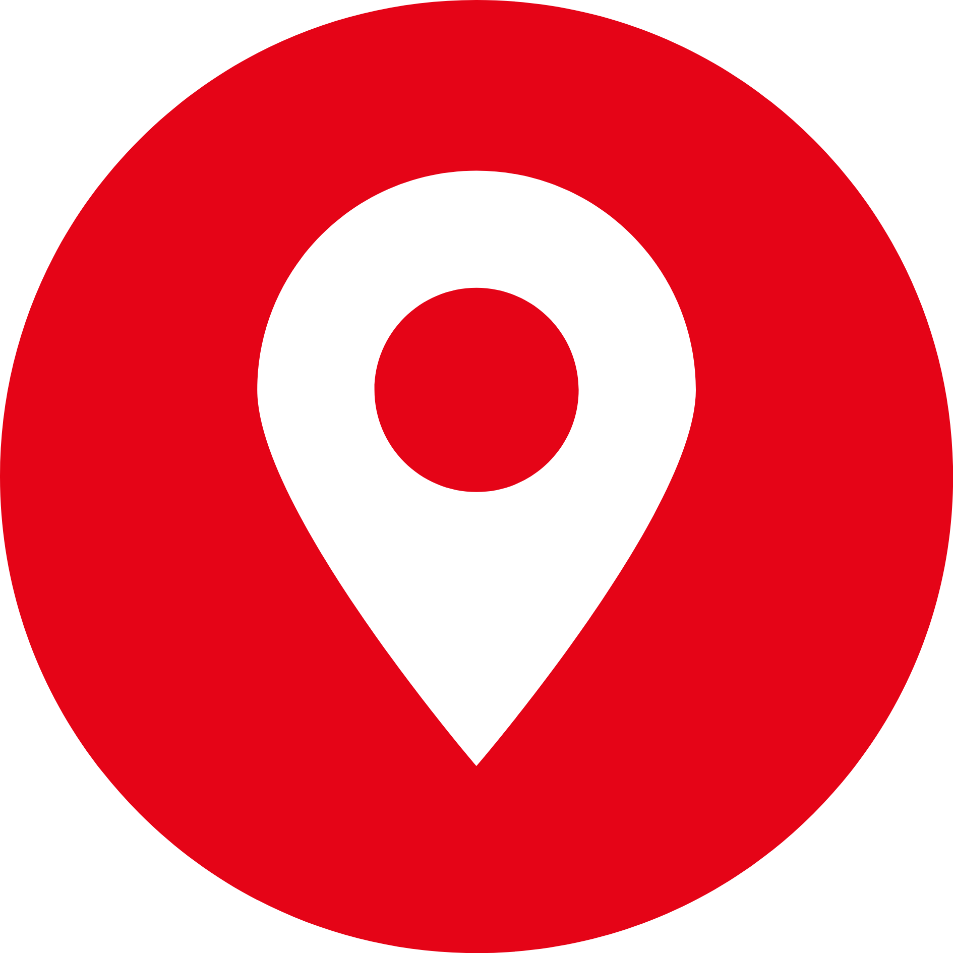 Red circle icon with a white location pin symbol representing address or location of COSMOS.