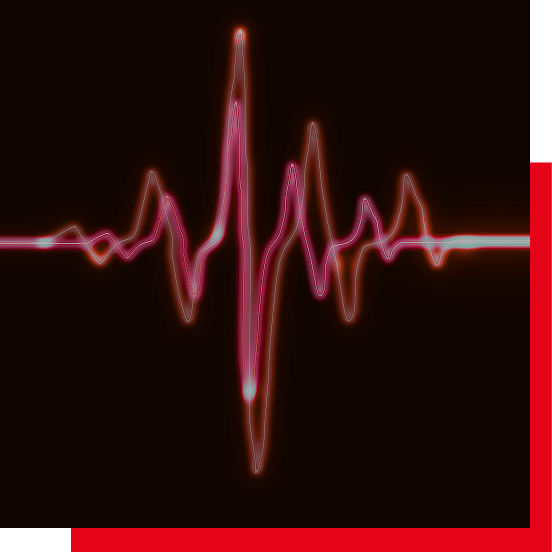 Vibrant red and pink waveform on a black background symbolizing seismic activity or earthquake motion, used as a visual representation of strong-motion data.