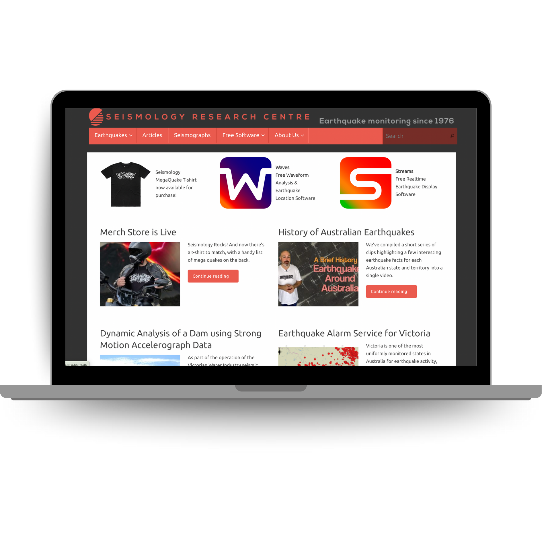 Laptop displaying the Seismology Research Centre website showcasing earthquake data services, research tools, and monitoring software.