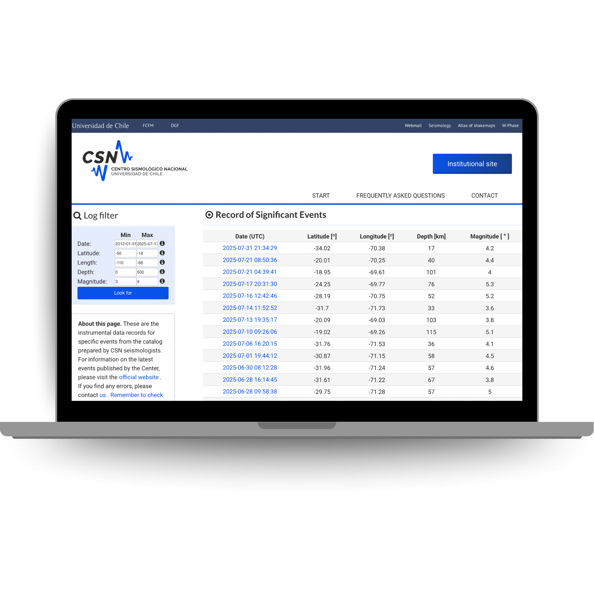 Laptop displaying the Centro Sismológico Nacional (CSN) of Universidad de Chile website, showing a record of significant earthquake events with location, depth, and magnitude data.
