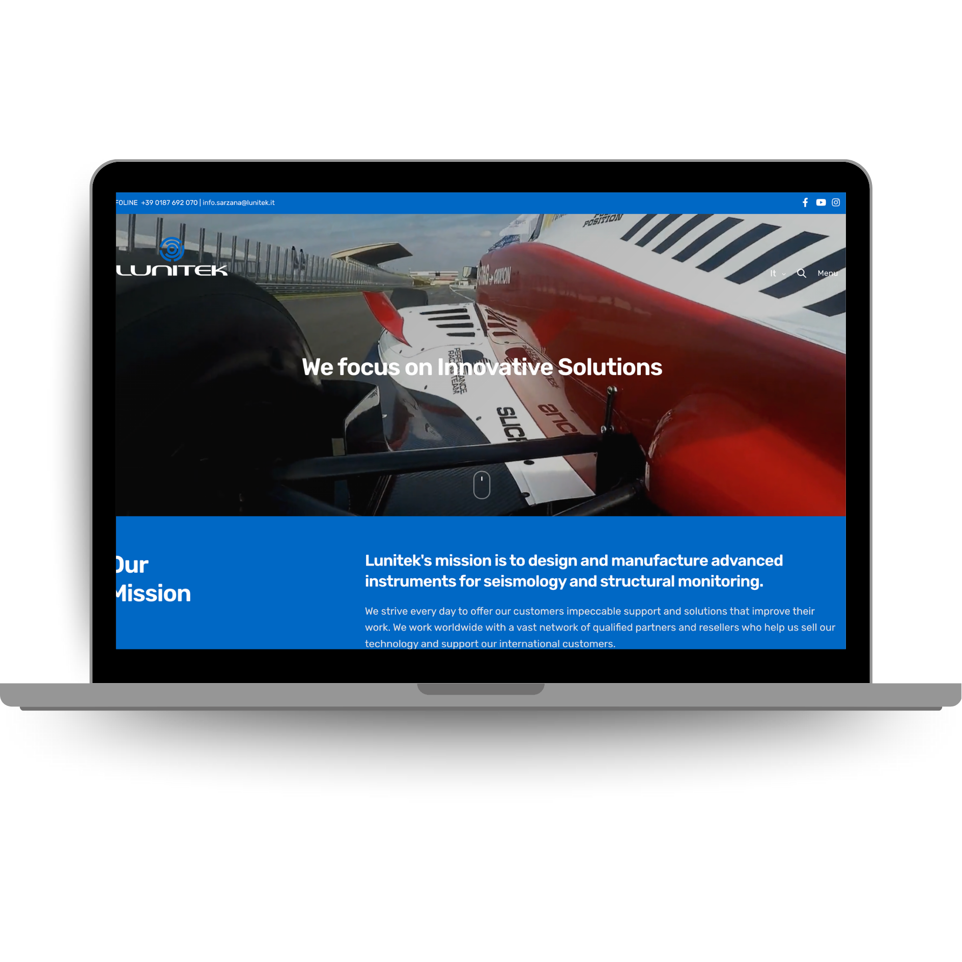 Laptop displaying the Lunitok website showcasing innovative instruments for seismology and structural monitoring.