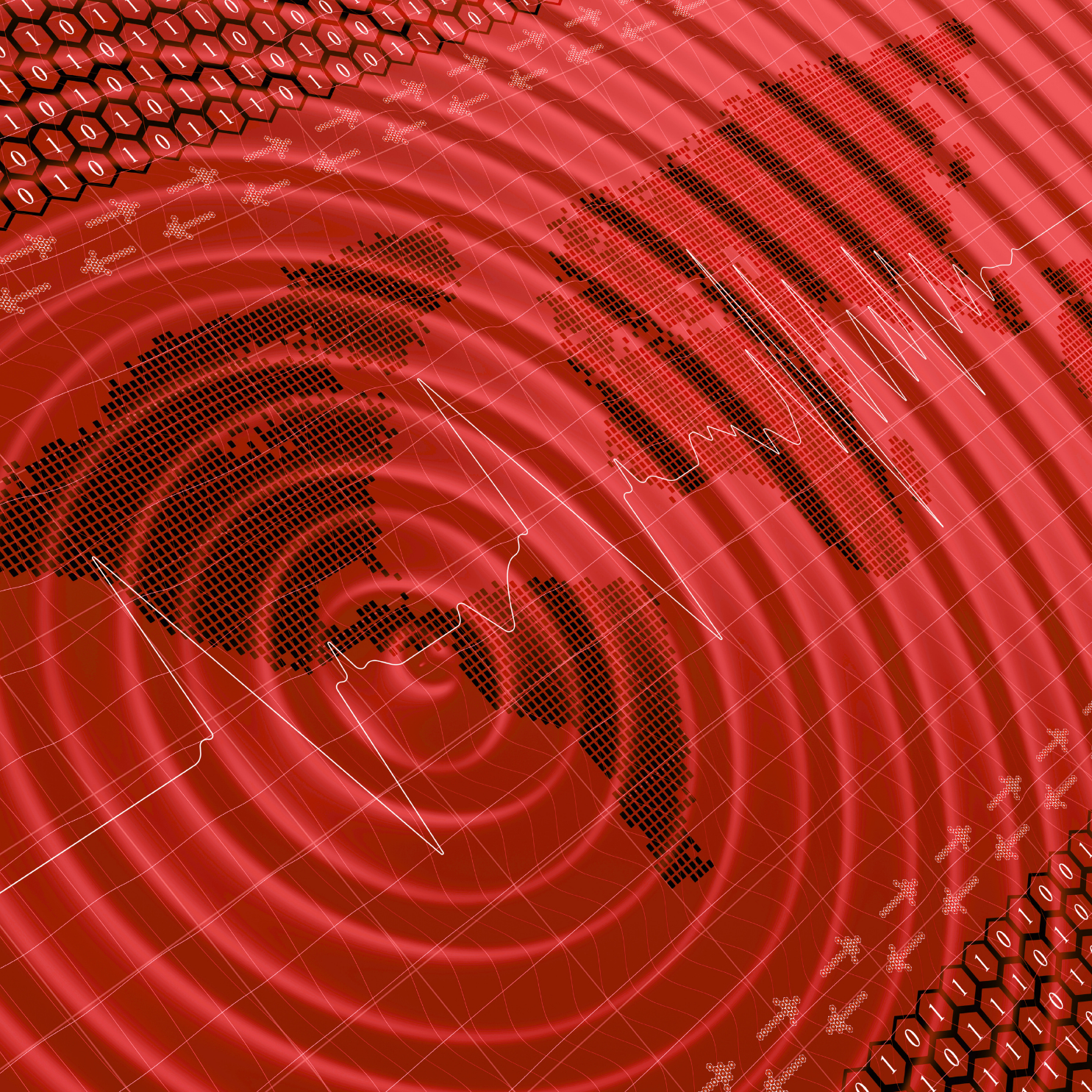 Red-toned world map graphic with concentric seismic wave patterns and digital hexagon overlay representing global earthquake activity and data analysis.